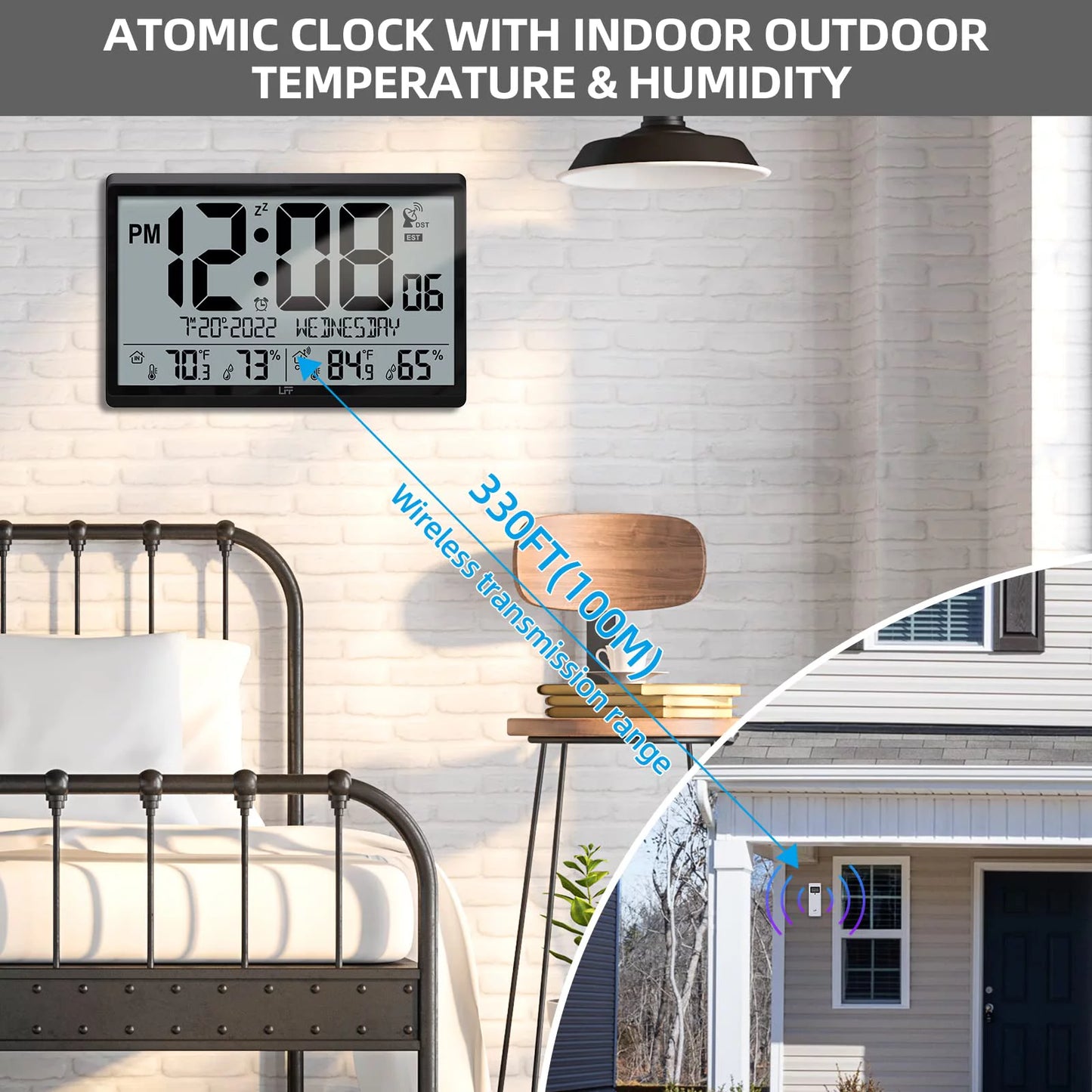 Atomic & Wall Indoor - with Humidity, 4.5" Numbers Needs 15" Operated, Digital with Outdoor Setting, LFF Temperature Never Clock Clock Black Easy-to-Read, Atomic Wall Clock Battery