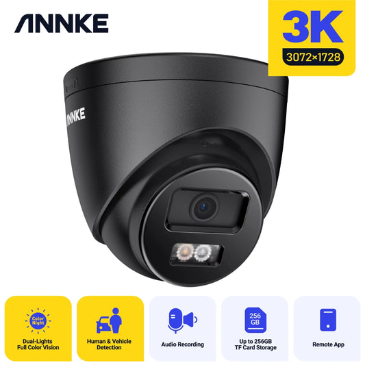 Camera, ANNKE 120 Vision, Surveillance PoE Outdoor for Human/Vehicle Color AI WDR, Light, Wired Turret dB Night Security Dual Home Detection, Smart Black Lens, Cameras Security, 2.8mm Mic 3K Built-in