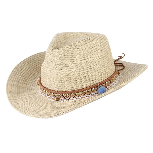 Straw Packable Big Western Hat Style Beige Women Sun Brim Trilby Cowboy Floppy