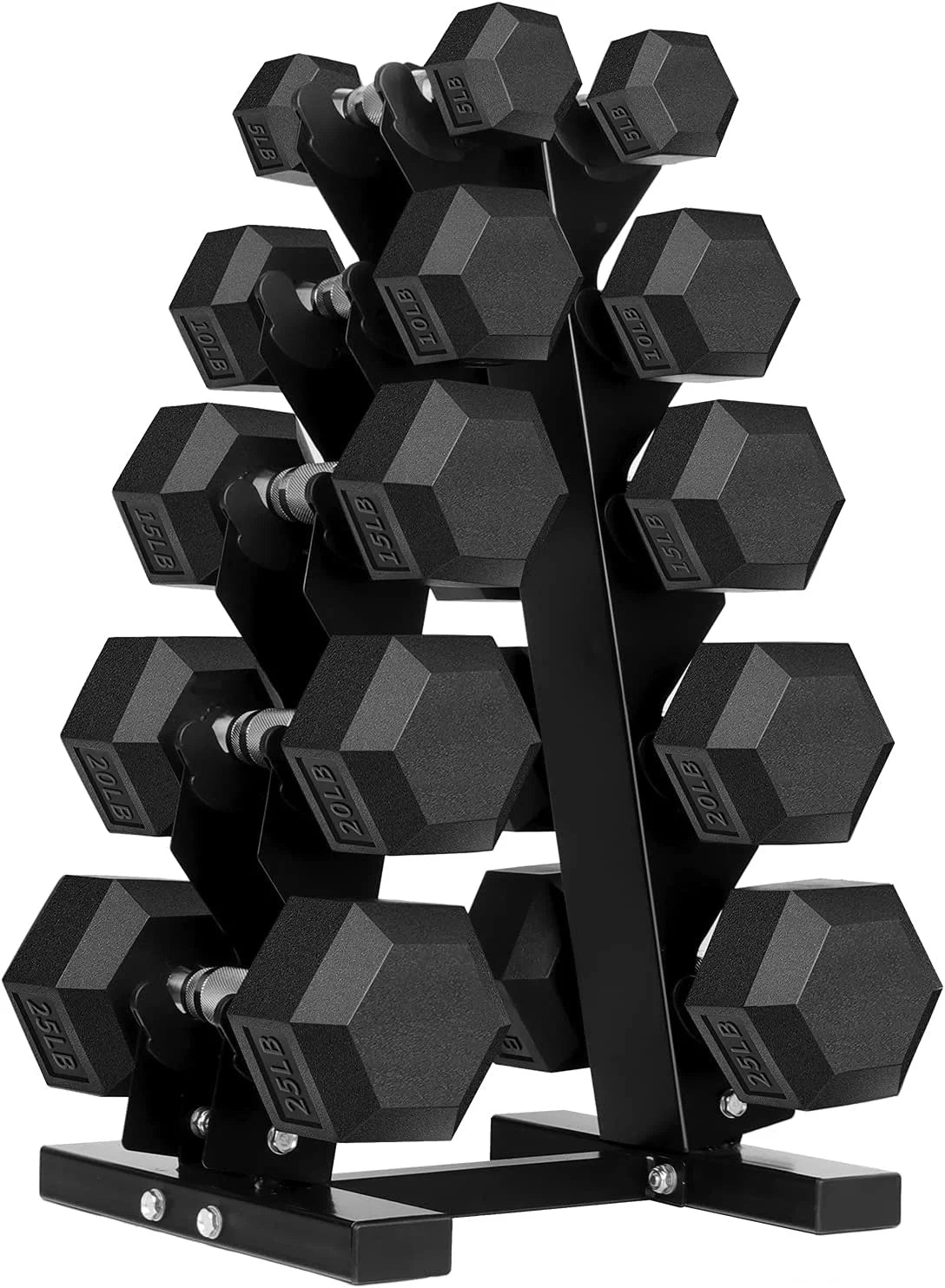 Set Rubber 150 Pound Dumbbell with Hex and Dumbbells Coated Rack