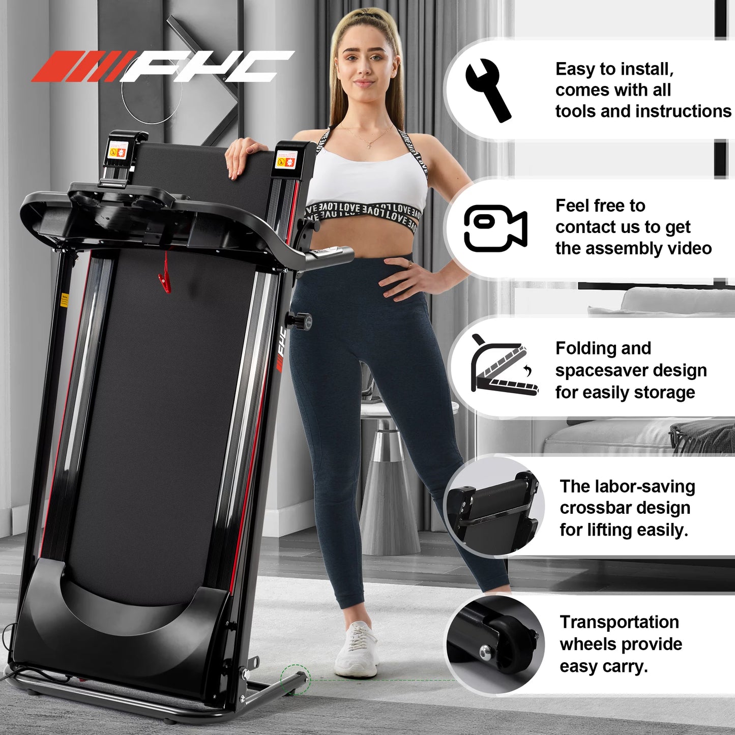 Fitness FYC and with Machine Portable Treadmills Treadmills Folding for Incline, for Running Compact Gym Jogging Walking Exercise Electric Home Foldable Home Bluetooth