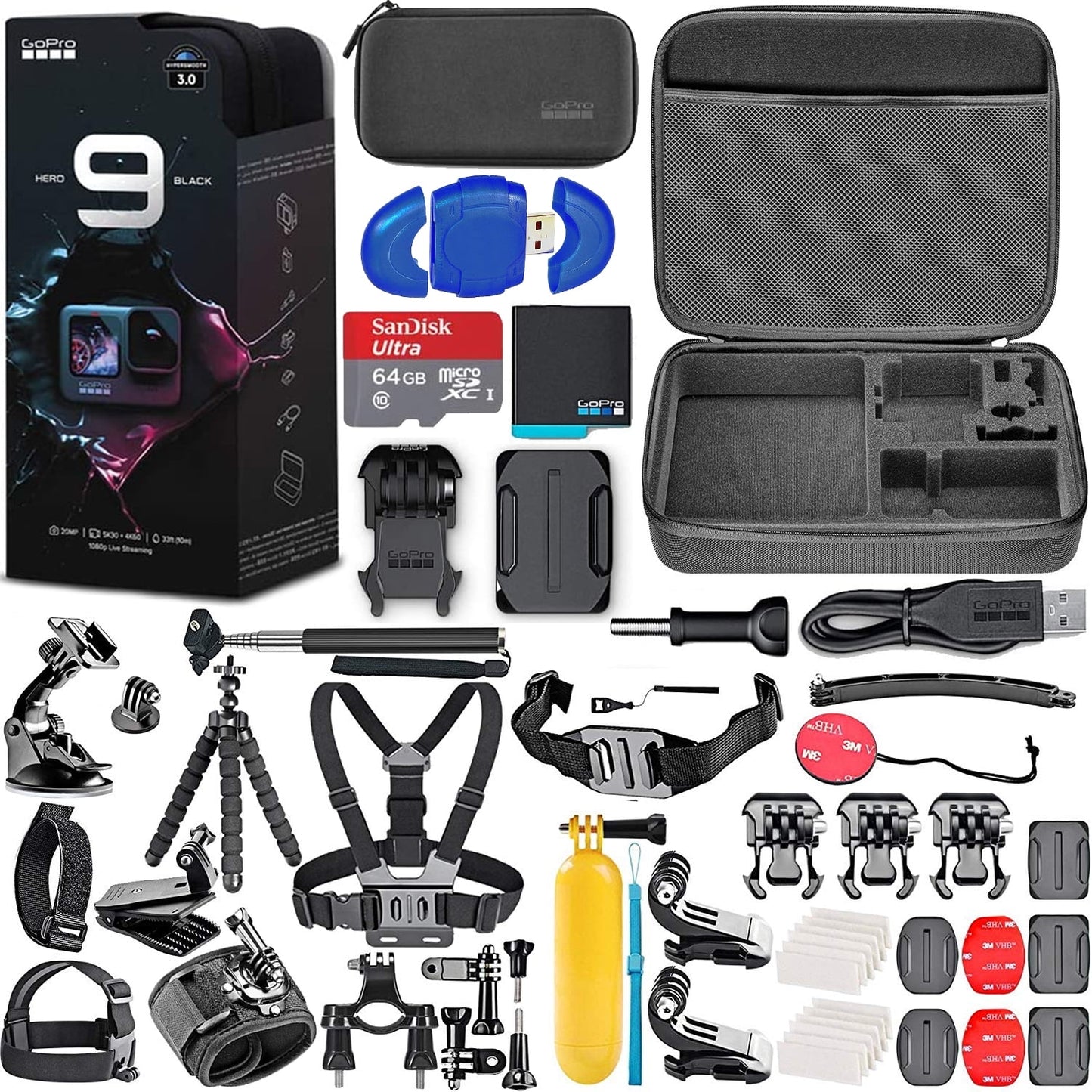 64GB Card Card Monopod Hard SanDisk Strap Chest Floating Action Handle Flexible + Strap + Mount Hero Bundle Memory + Head HERO9 Black + Reader + + Tripod 9 + Mount + + Case GoPro