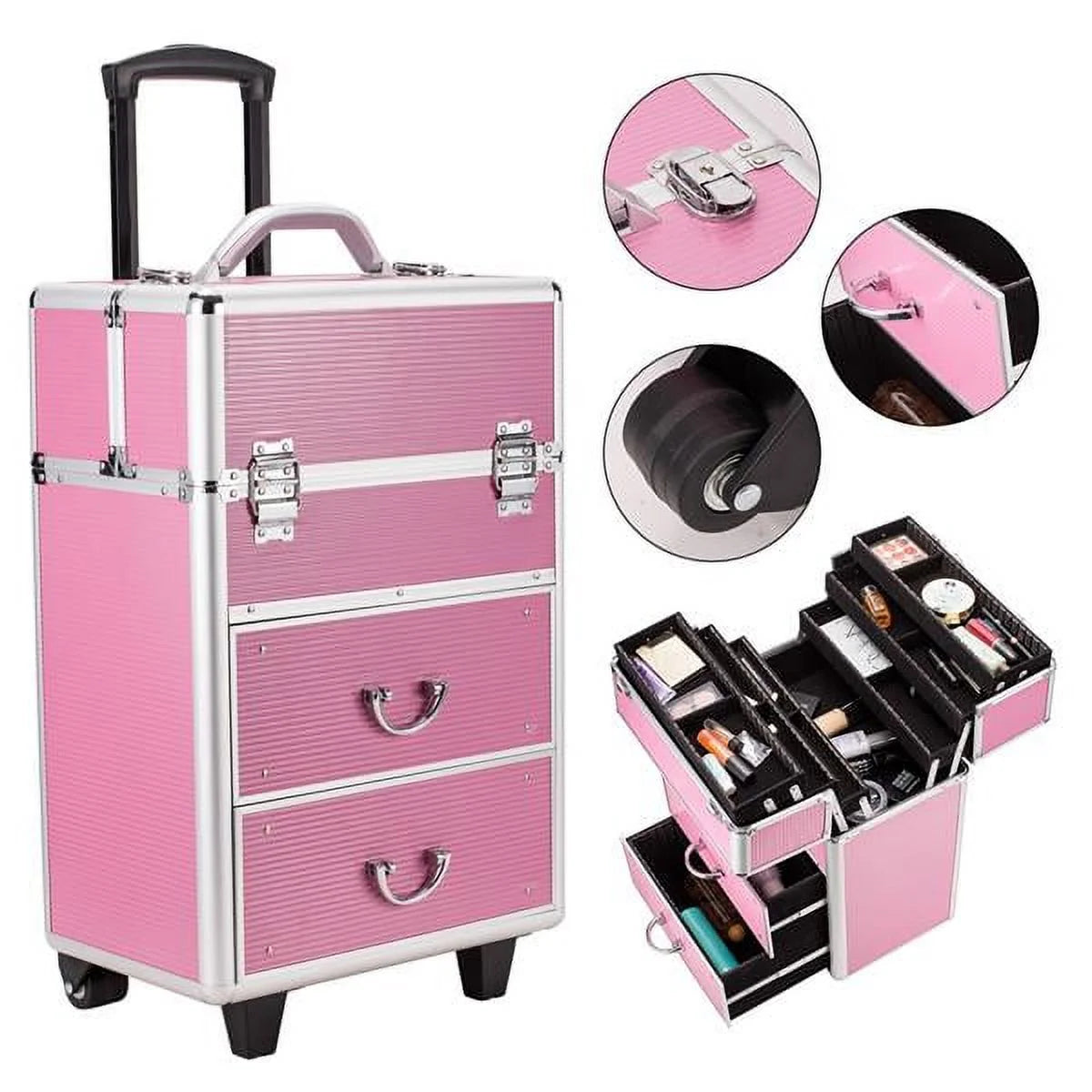 Lockable Tier with Cosmetic Train Case 4 Extendable Pink Trays Miekor Makeup