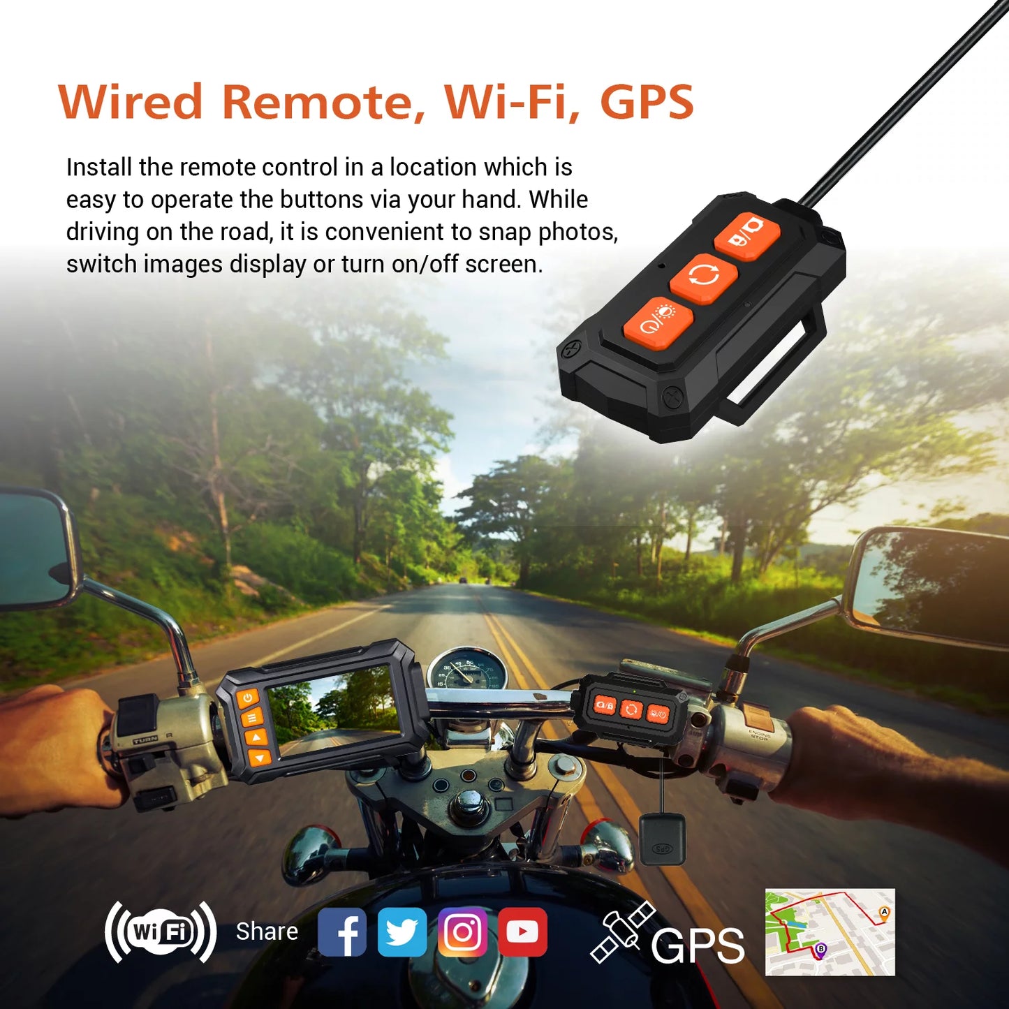 Waterproof Motorcycle ZOMFOM up 30fps/1080P MD30 Camera, and Remote, Wired Dash GPS, Mode, with Race 2K Max Cam Front LCD and Dual to Rear All EIS Wi-Fi, 256GB Angle 60fps 150° 3'' Wide