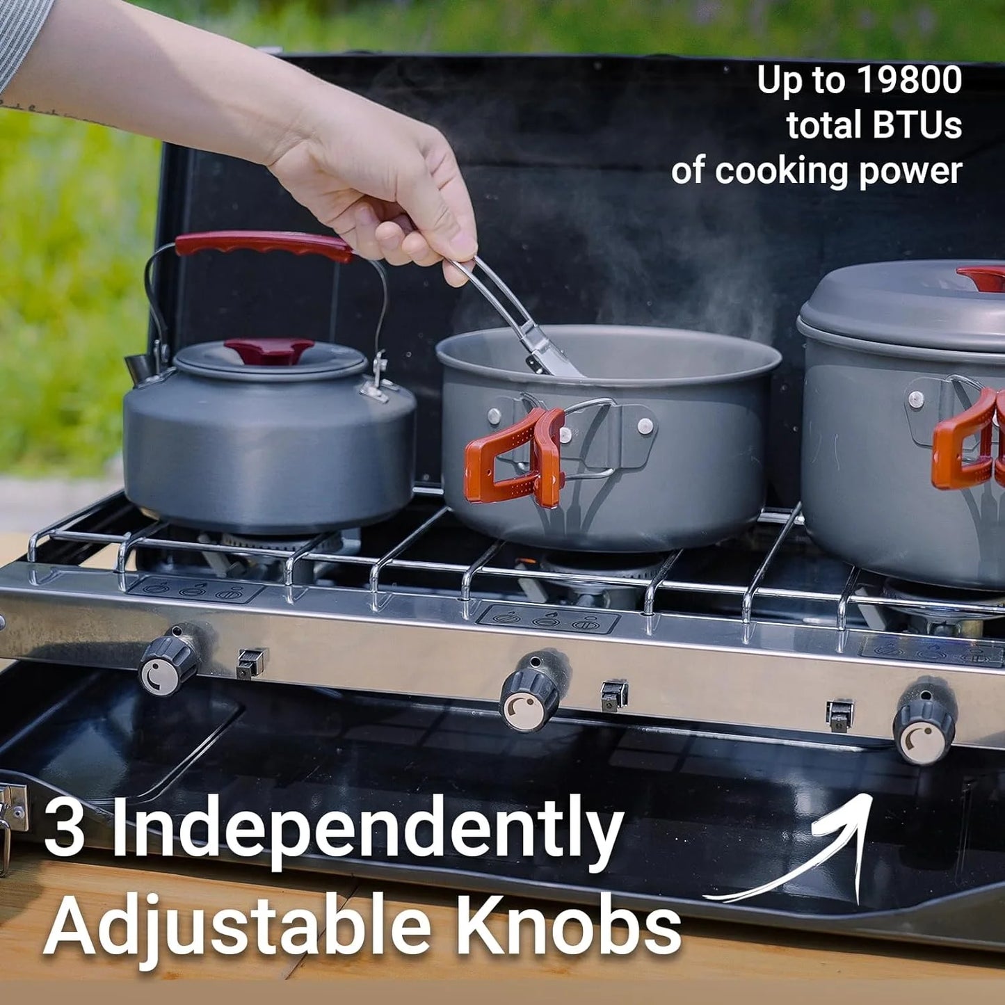 and Grill, 3 3-Burner BTUs, Handle 19800 Ignition, Adjustable Stove Carrying Camping with Portable Camping Burners Built-in Instant Stove Push-Button Portable Propane Camp