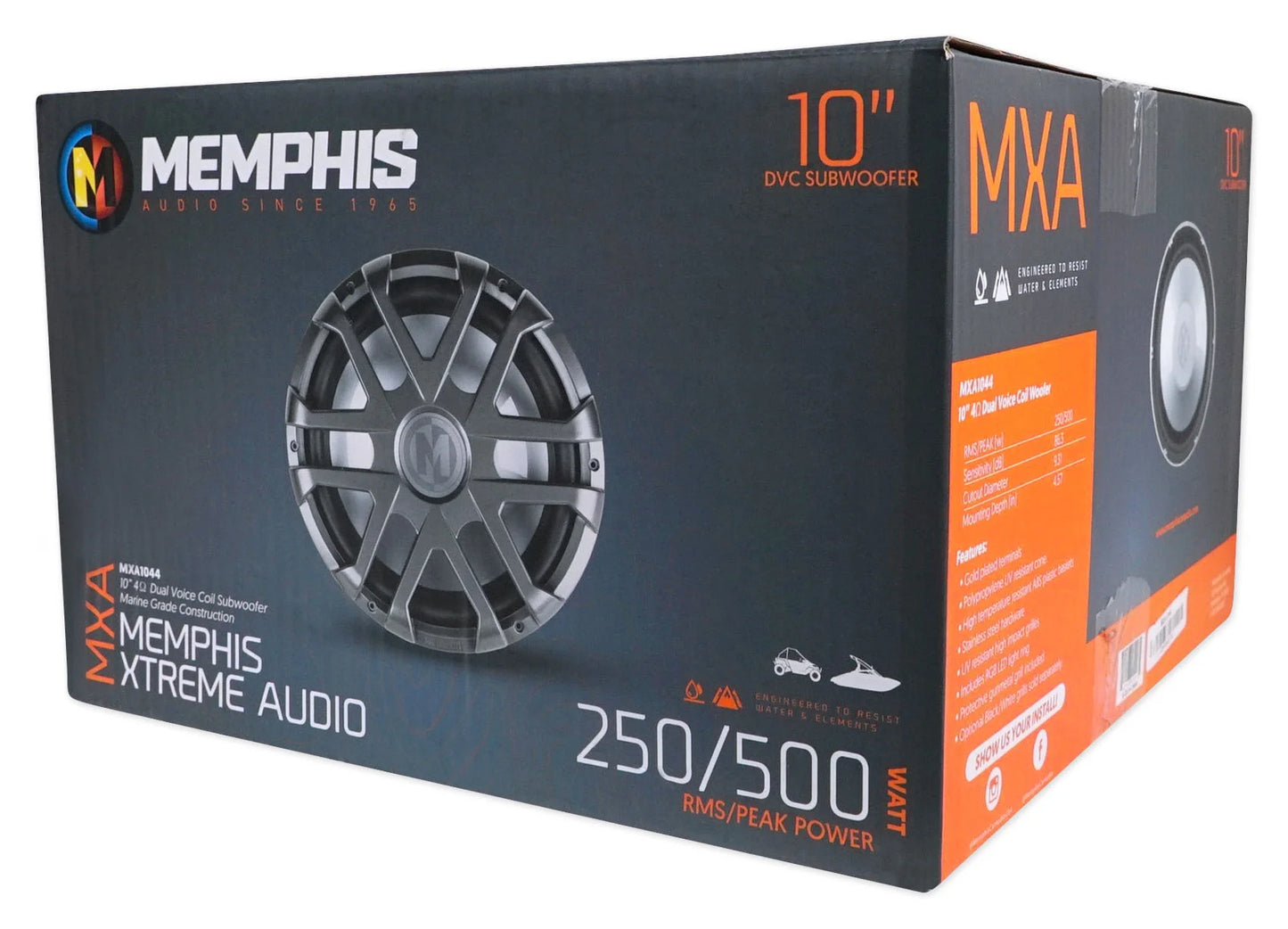 MXA1044 10" Audio 500 Marine Watt 4-Ohm Sub Boat Dual LED Memphis Subwoofer