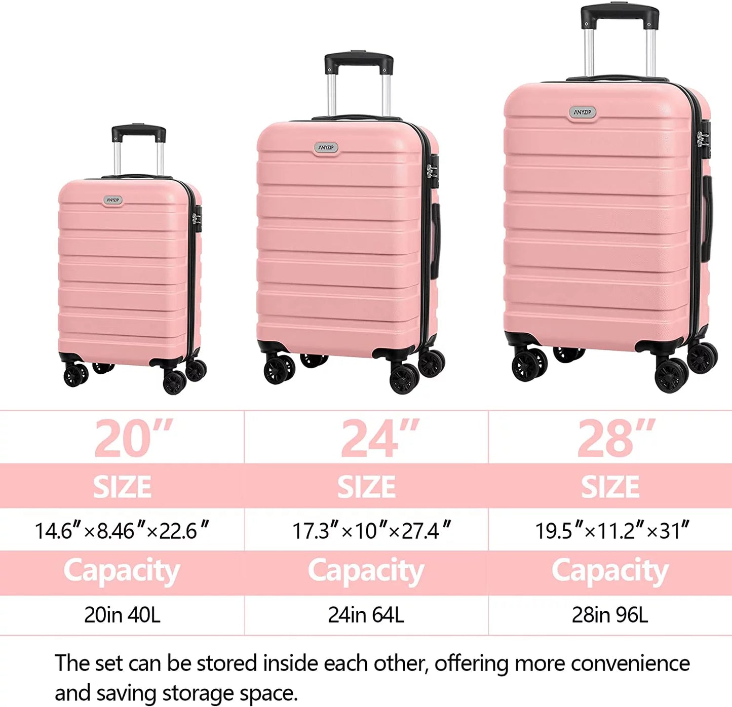 4 Luggage Inch Universal Sets Lightweight 3 Black with ABS Piece 24 28 Hardside Suitcase TSA On Carry PC Lock Wheels 20 AnyZip