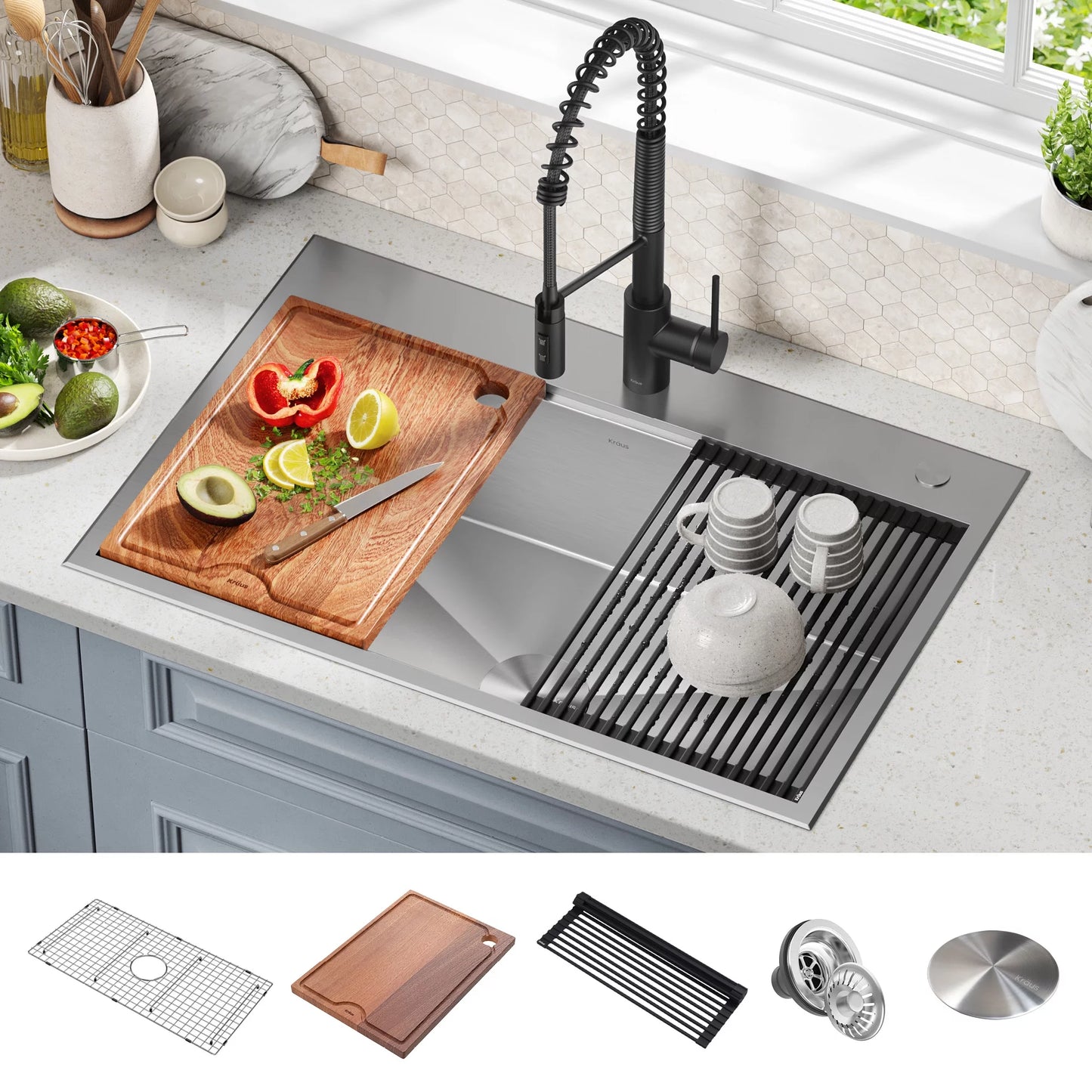 with Undermount Sink Accessories Single Drop-In / Stainless Gauge Bowl Steel in. Kore Kitchen Workstation16 33 Kraus