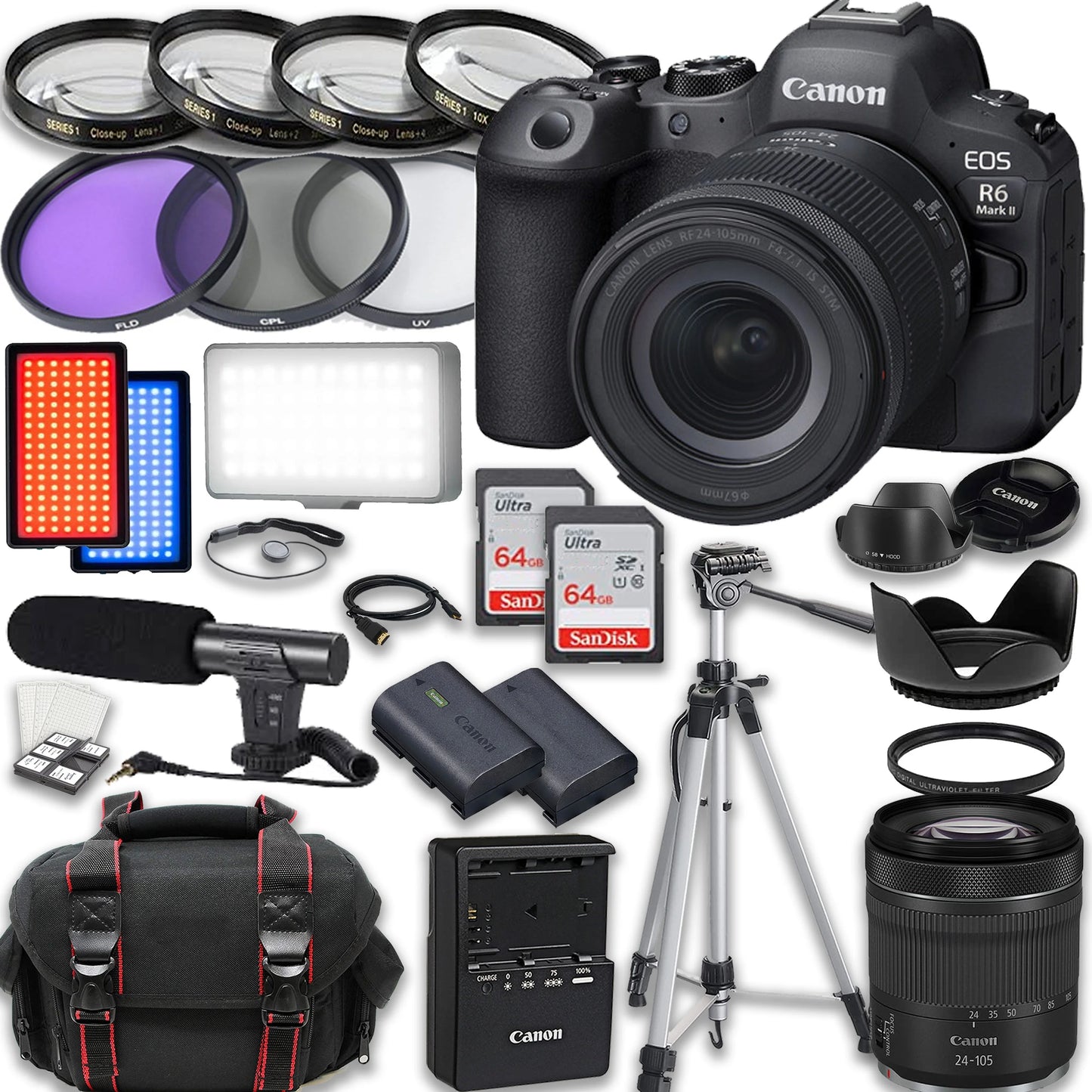 Battery, IS 2X Video II Microphone, More 24-105mm Canon Lens, 64GB Accessories Mirrorless with STM Extra f/4-7.1 RF Case EOS Memory Light, R6 Mark including: LED Cards, & Camera