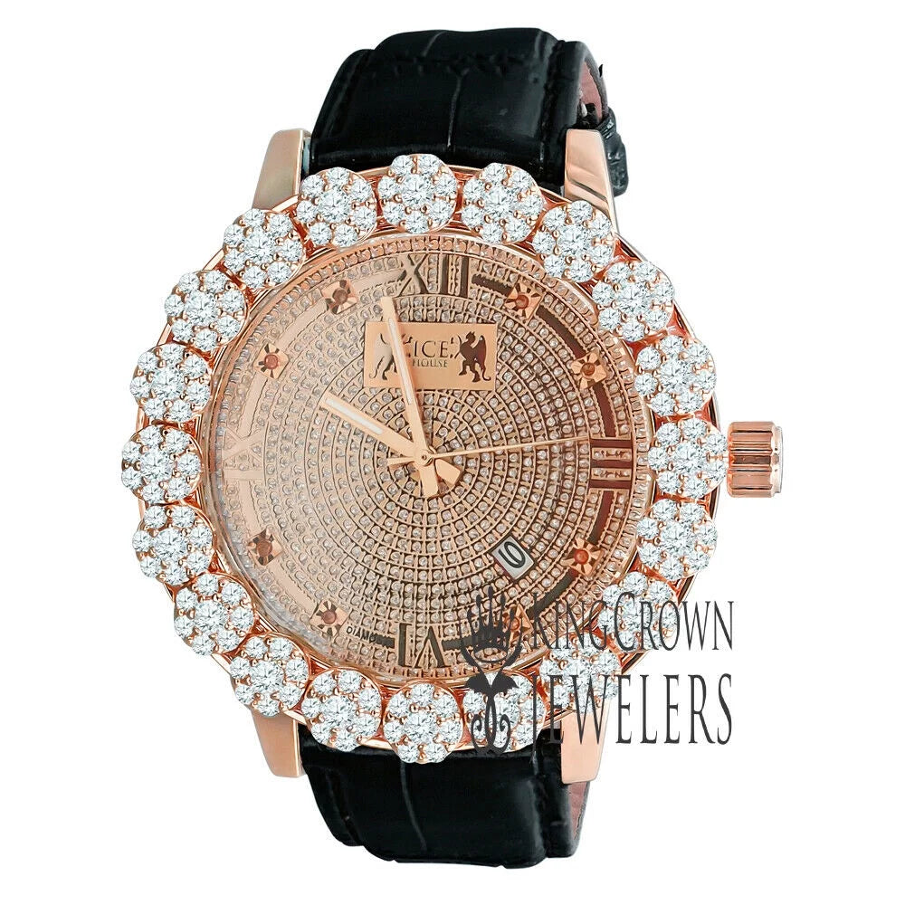 W/Date Roman Diamond Wrist Flower Leather Gold Tone Genuine Rose Khronos Genuine Dial Watch Mens Bezel Face