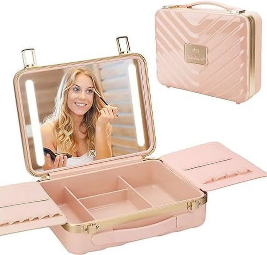 Adjustable Travel Lighted Makeup Makeup Tools,Pink Color with Accessories Kalolary Storage For Mirror Portable Brightness Makeup Case Cases Setting, Organizer Box 3 Bag Train Brushes Makeup Cosmetic