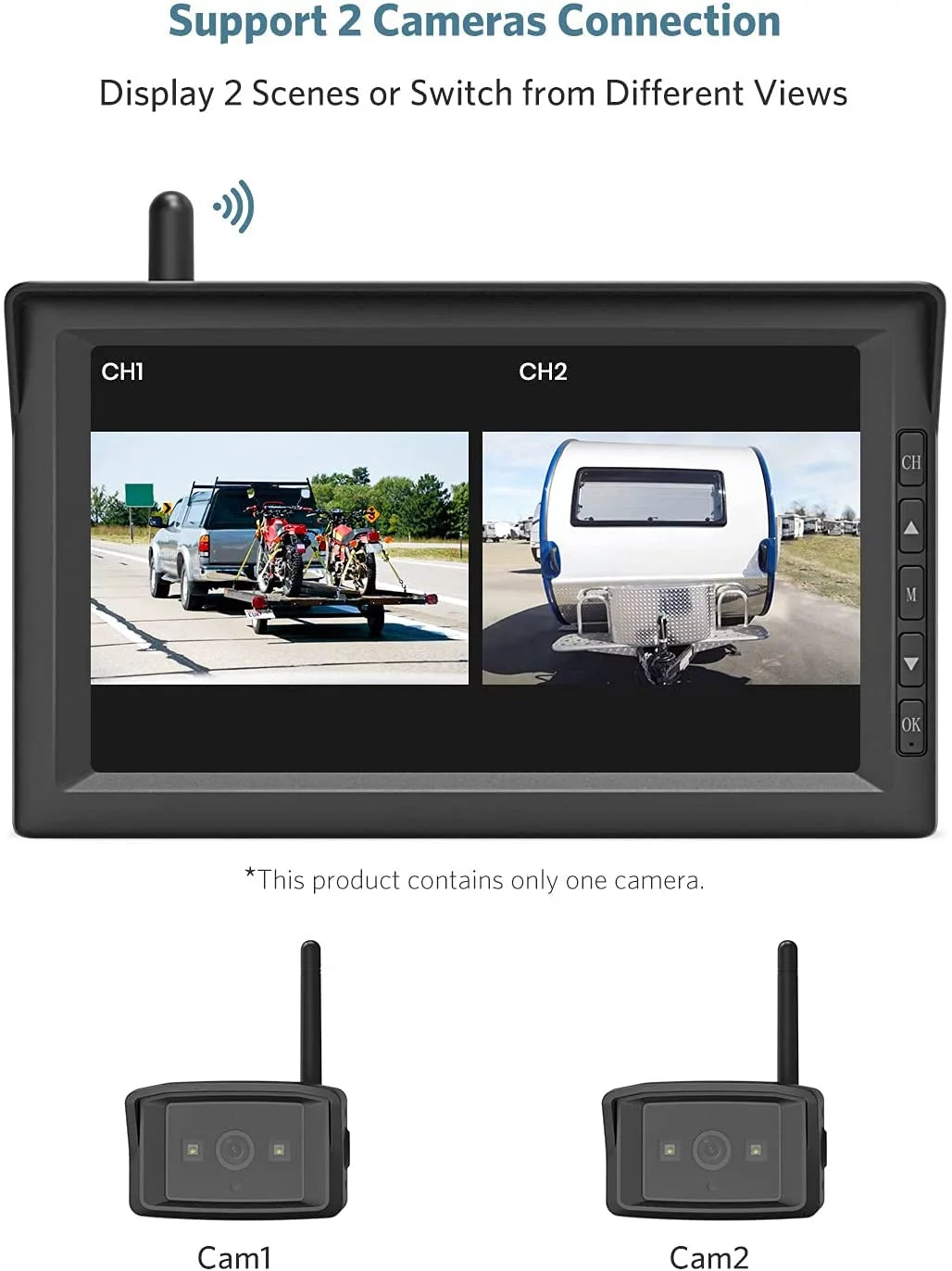 Night Kit K10 Camera 7'' Rear IR Wireless RV with Monitor, 5th Backup Cars, 2 Trucks, HD , Vision for Camera Support RVs, System Motorhome View Trailers, Cameras