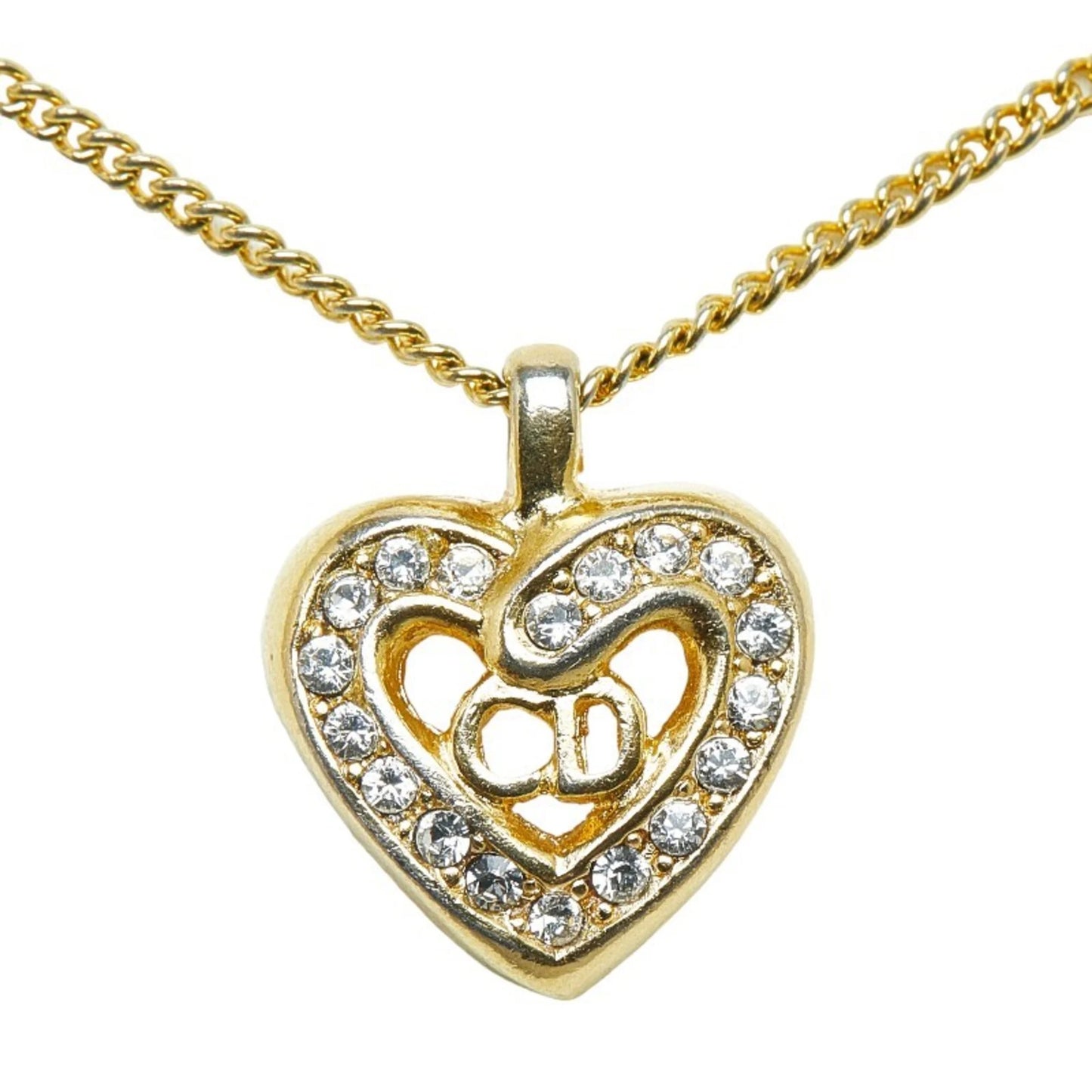 Pre-Owned (Good) Dior Heart Christian CD Plated Dior Rhinestone Gold Women's Necklace