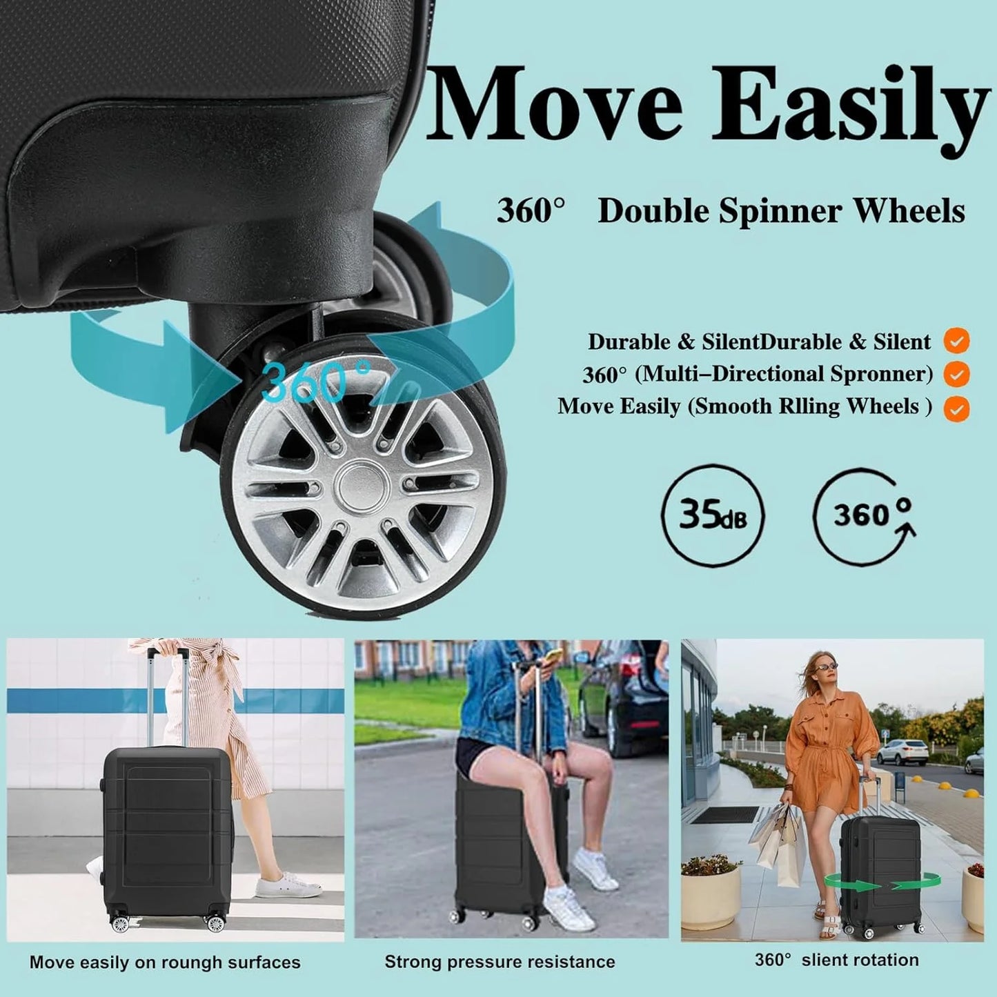 28 with 3 Travel Hardshell Spinner Lightweight Piece (Black) inch 20'' Lock Suitcase ABS/PC Sets Wheels Suitcase 24'' Luggage Sets Durable and Code