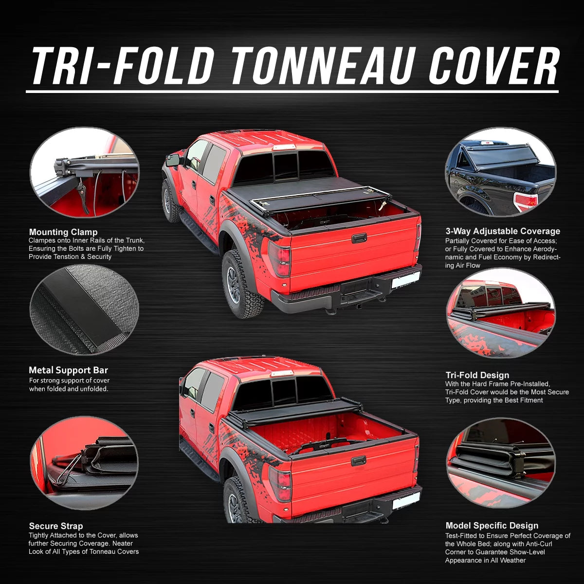 18 Toyota Cover Bed DNA to Tri-Fold Tacoma Fleetside Top Tonneau Trunk 2016 6' 2019 Motoring TTC-TRISOFT-060 for 17 Adjustable Soft