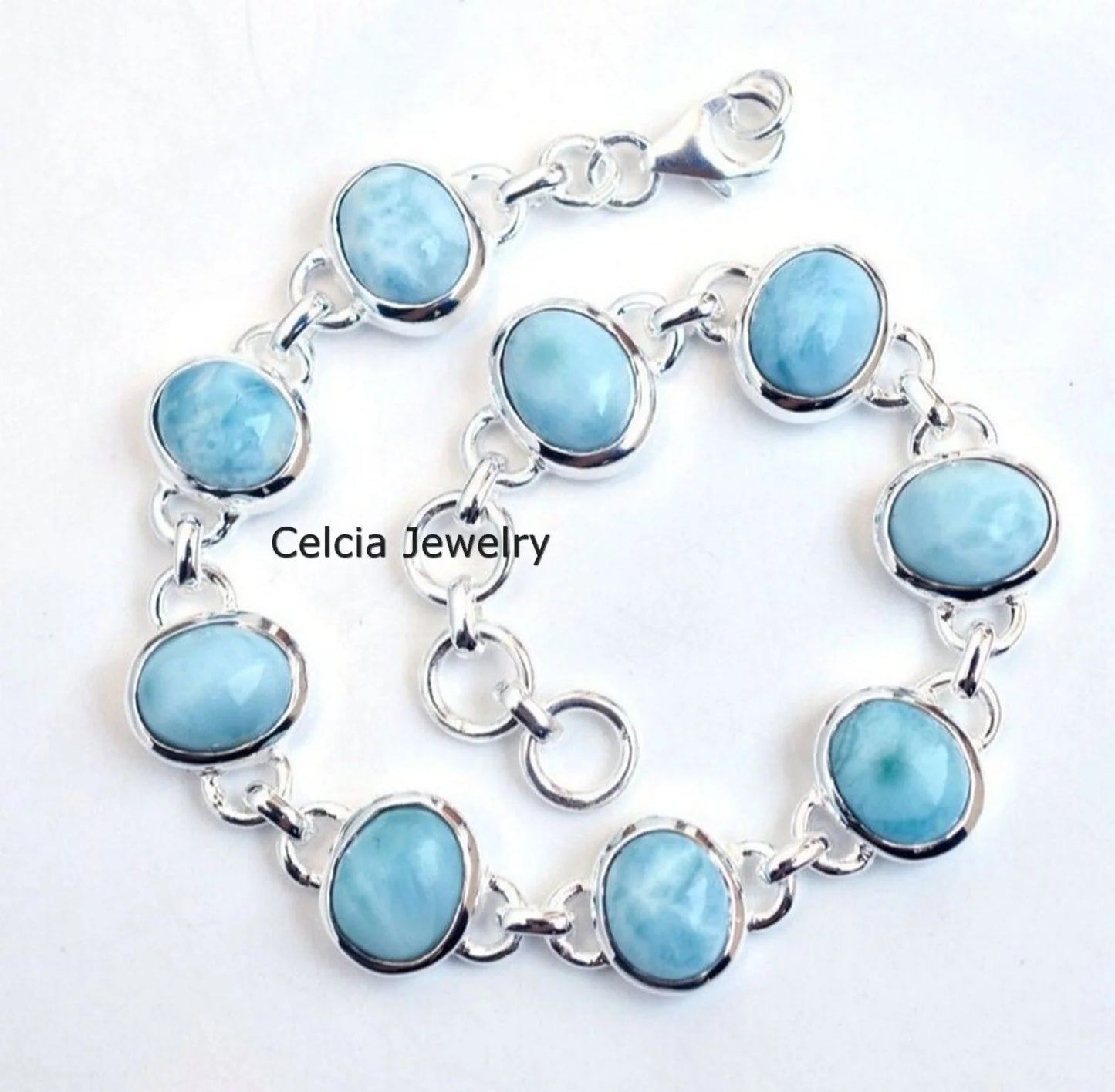 Blue Bracelet Gemstone Genuine Bracelet Handcrafted Sterling Multiple Solid Unique Men For Silver For Him 925 Larimar Her Women, Oval