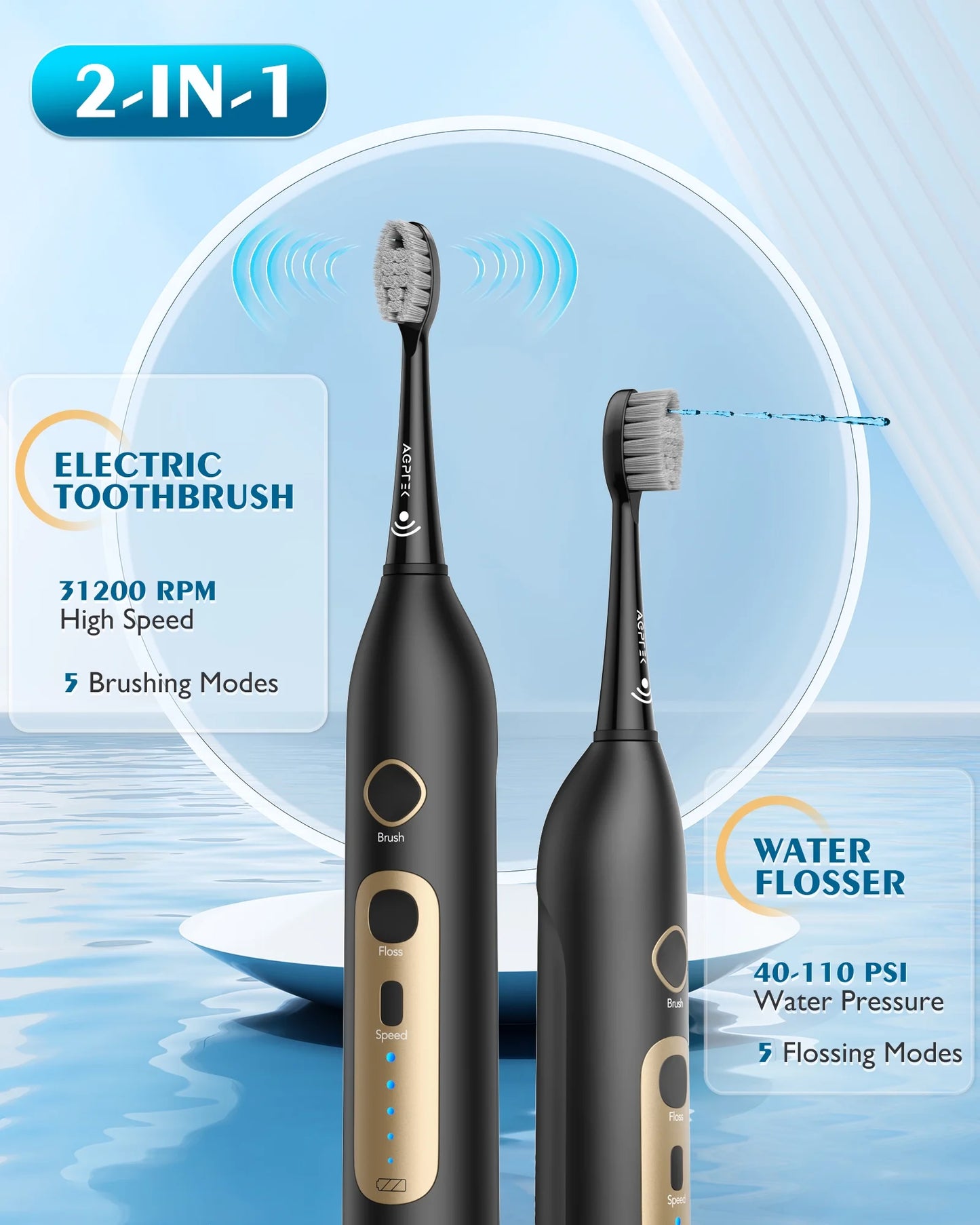 Toothbrush Braces Life, Gums, Cordless 2 Electric & 1 - with Waterproof and IPX7 for Flosser AGPTEK Levels Combo, Water Flosser 5 Teeth, in Sonic Toothbrush Days 500ML, 14 Water Battery