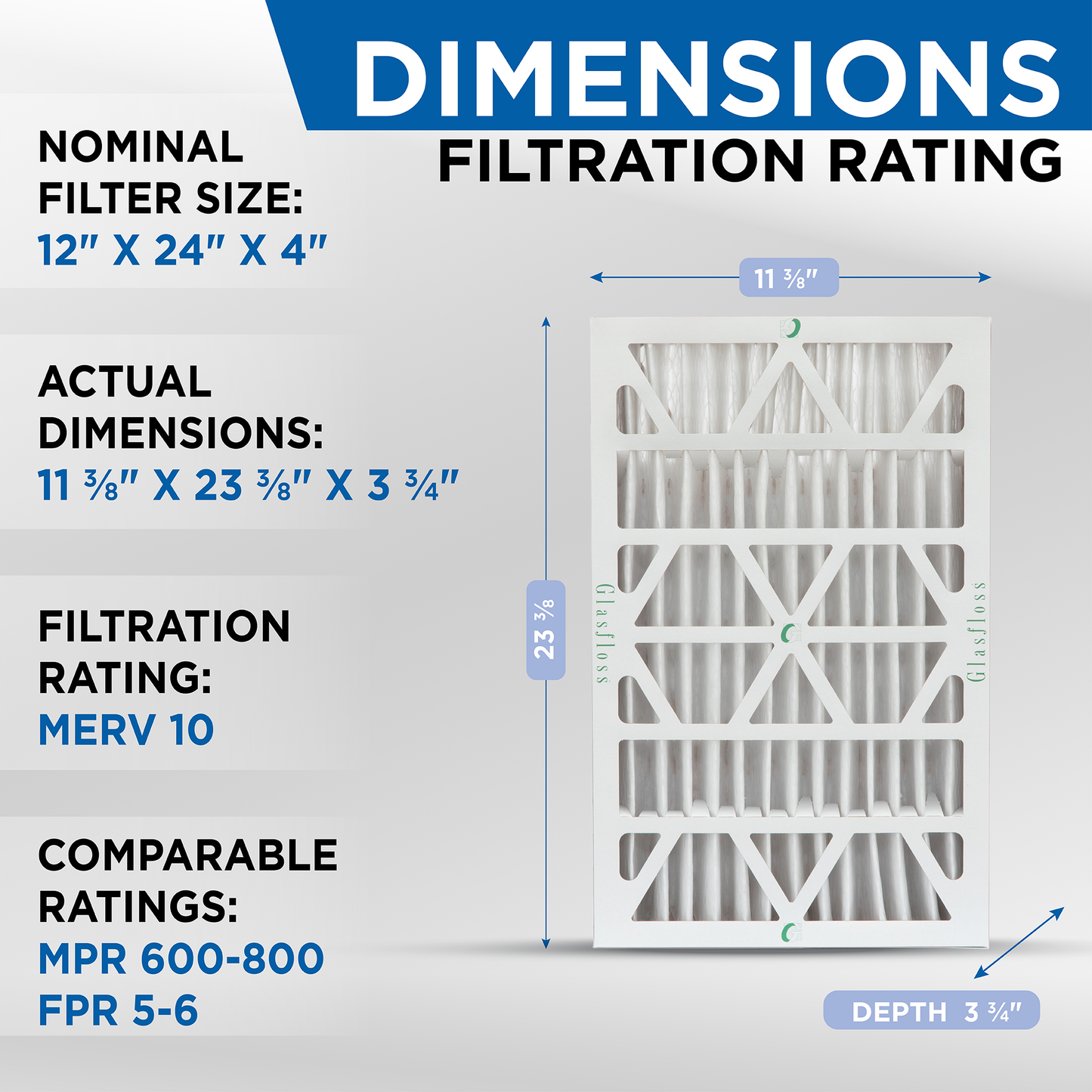 3-3/4 x x HVAC Size: MERV Quantity Pleated 5 Air 11-3/8 Glasfloss. Filters by ) 12x24x4 Exact 23-3/8 10 (