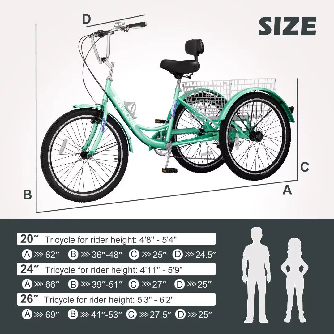 Shopping Women, Tricycle, NAIZEA Basket for Picnic 20" for 3 Large Bikes Exercise Seniors, Activities Speed 7 Cruise with Men, Outdoor Wheel Adult Trike