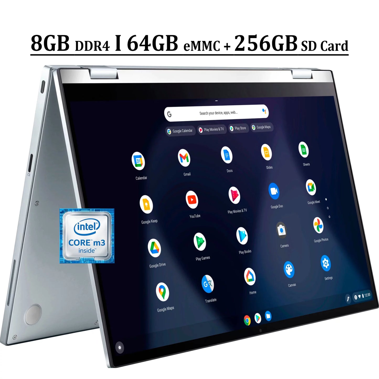 2-in-1 Card Business 615 Intel ASUS Silver M3-8100Y Intel 14" 256GB Chromebook 64GB USB-C Processor UHD C433 eMMC Core Webcam Touchscreen FHD Laptop DDR4 14 Chrome Graphics Flip SD 8GB + IPS OS