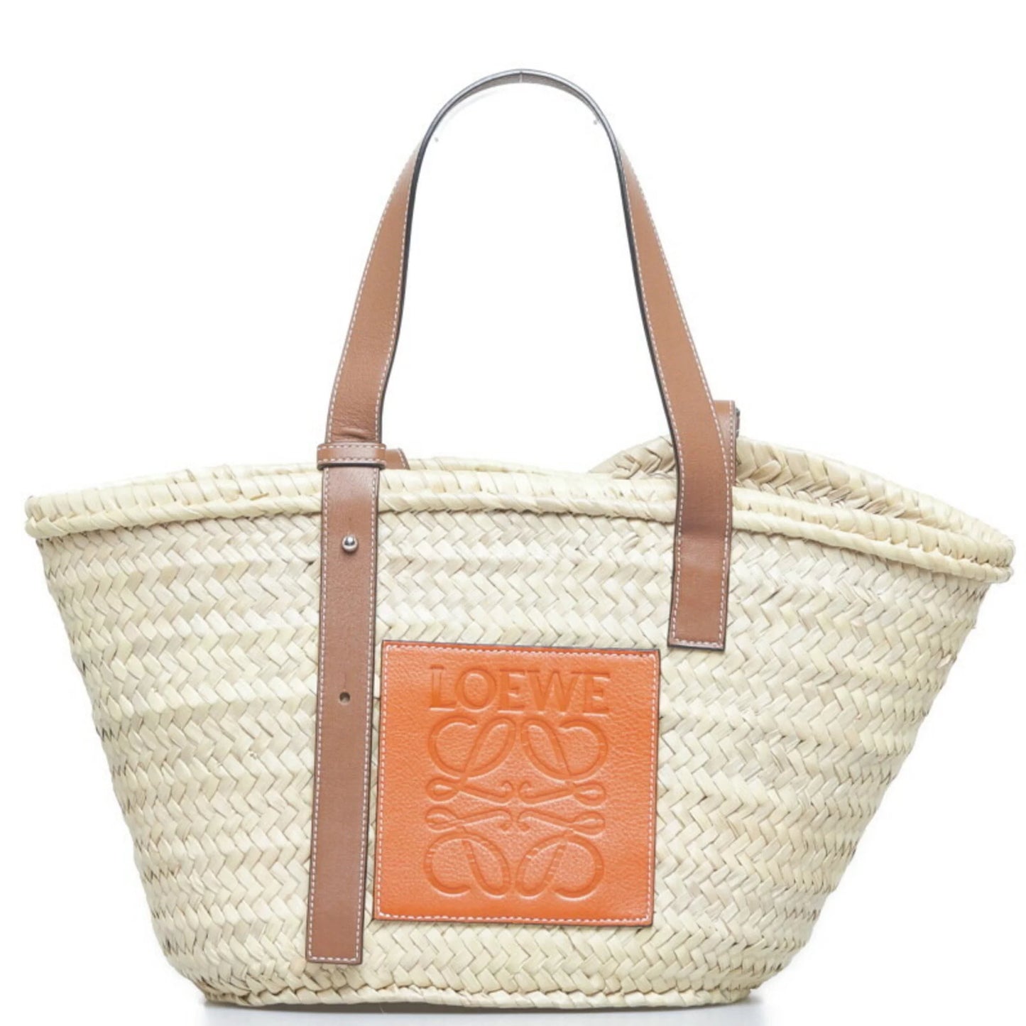 Brown Leather Pre-Owned Loewe Handbag Palm Basket (Good) LOEWE Raffia Ladies Medium Leaf Natural