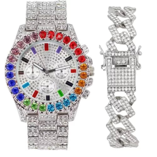 Charles with Flame Raymond Iced Watch Blinged on Sets Blast (ST10327CO-ZZ Single Bracelets Set. Colourful or Mens Out Combo Collection Out SLV) Iced Rainbow Color Out