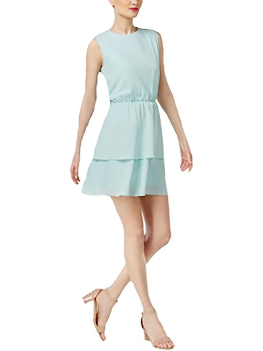 XL CR Flare Elastic Womens Sleeveless Aqua Short Dress BY CYNTHIA Lined + Skirt Jewel ROWLEY Fit Neck Zippered Waist Tiered