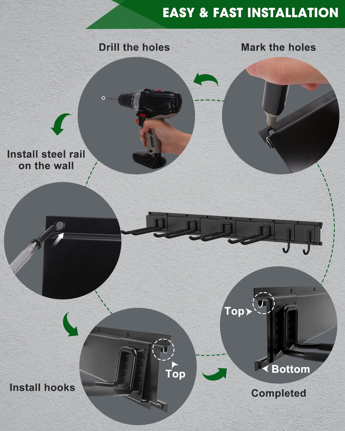 Organizer Adjustable Inches 6 up 200 Mounted Yard 32 Tool Heavy Wall with for Rack, Garage 8 Storage Duty LBS Hooks, to Piece Organizer Garage, TOPHDY Garage Holds Tool