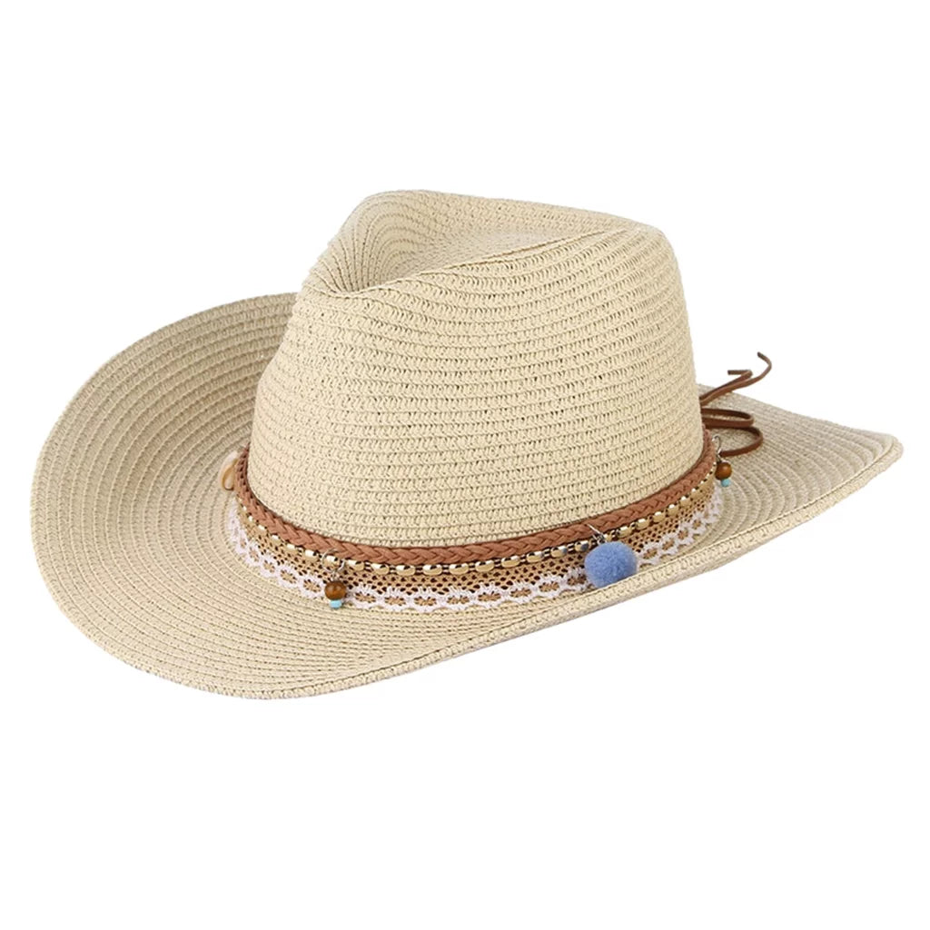 Straw Packable Big Western Hat Style Beige Women Sun Brim Trilby Cowboy Floppy