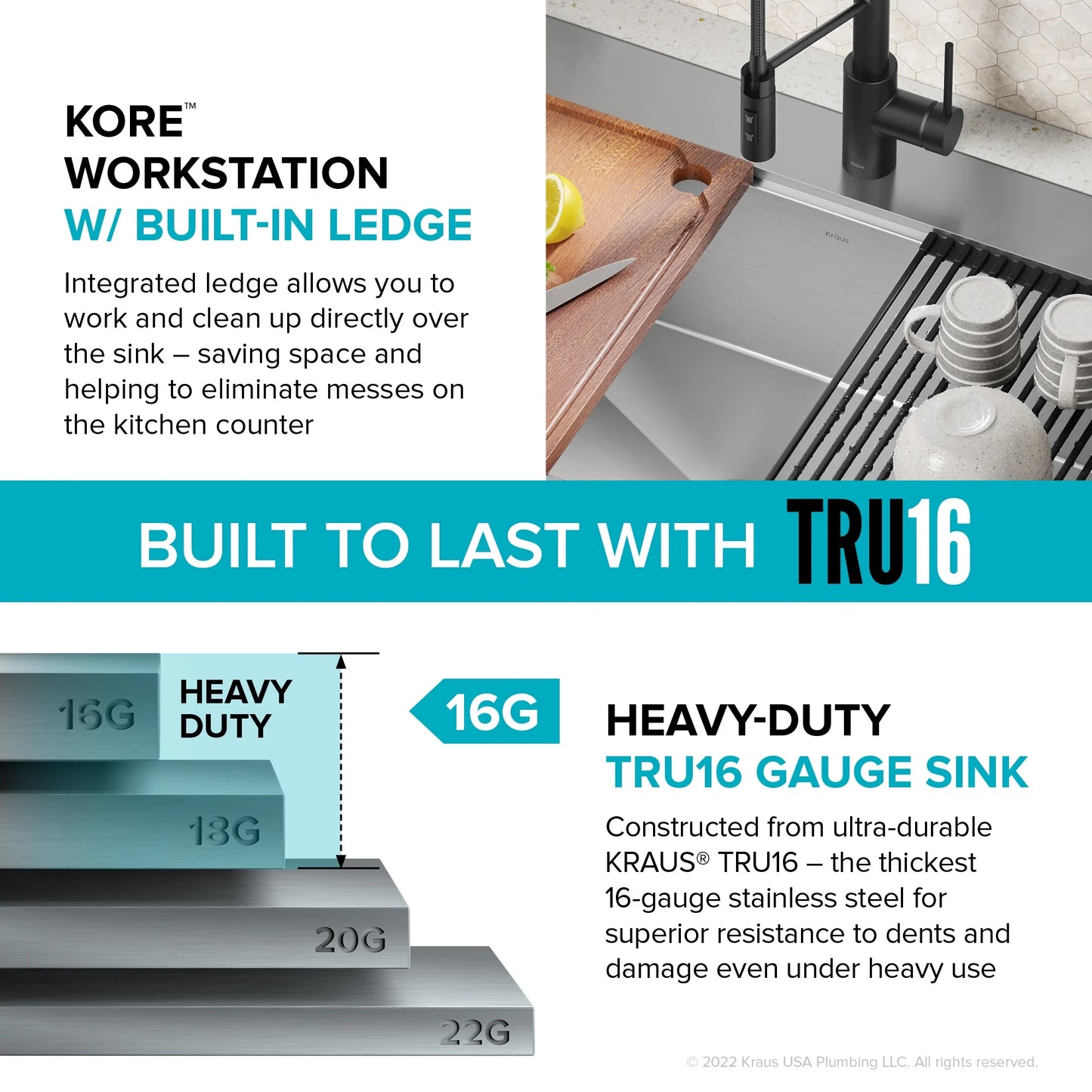 with Undermount Sink Accessories Single Drop-In / Stainless Gauge Bowl Steel in. Kore Kitchen Workstation16 33 Kraus