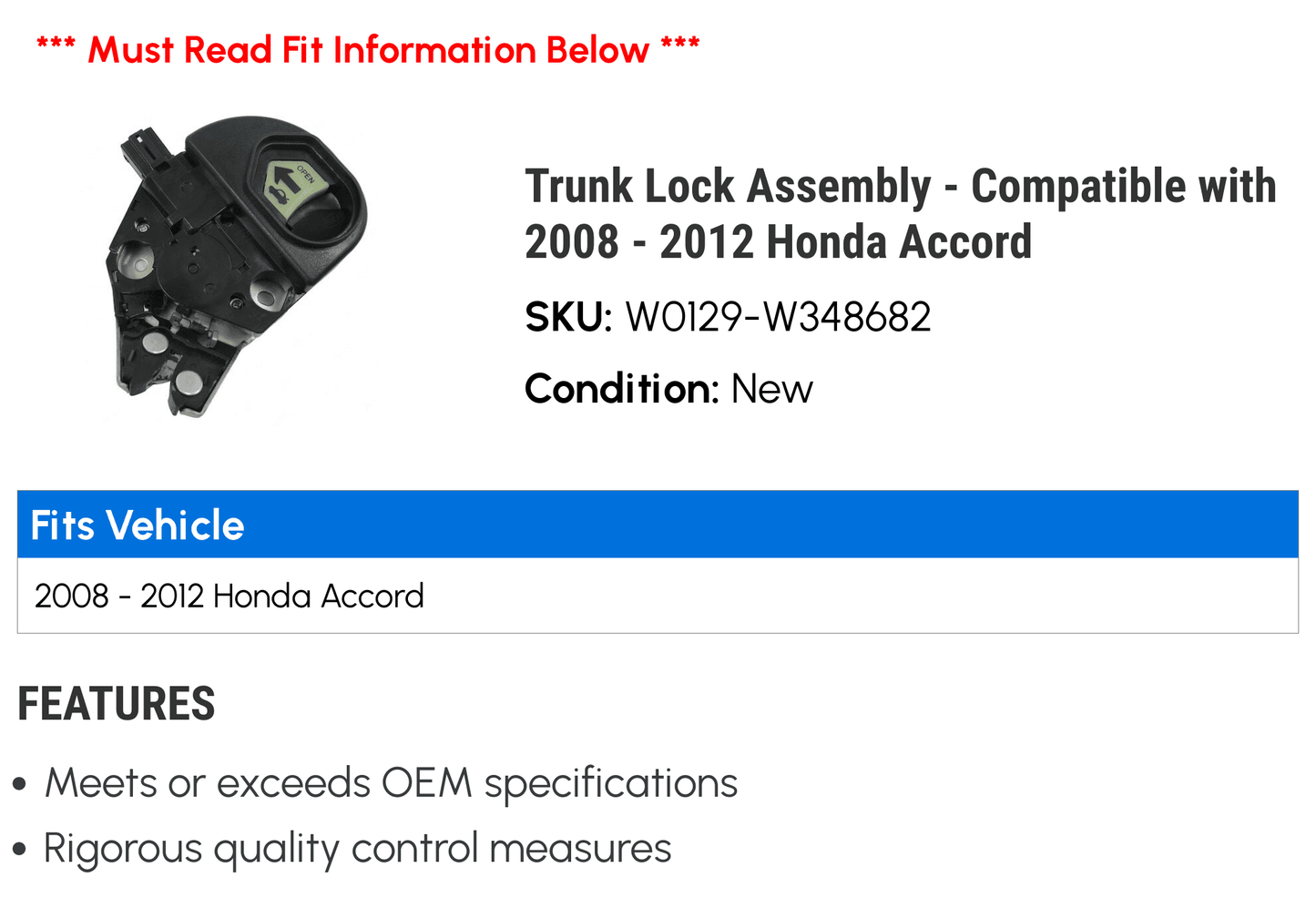 Trunk Lock 2012 Assembly 2009 - Accord Compatible 2008 with 2011 Honda - 2010