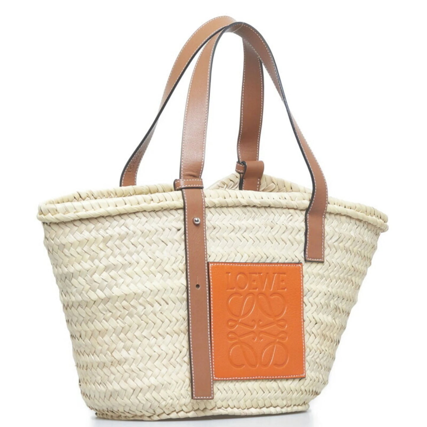 Brown Leather Pre-Owned Loewe Handbag Palm Basket (Good) LOEWE Raffia Ladies Medium Leaf Natural