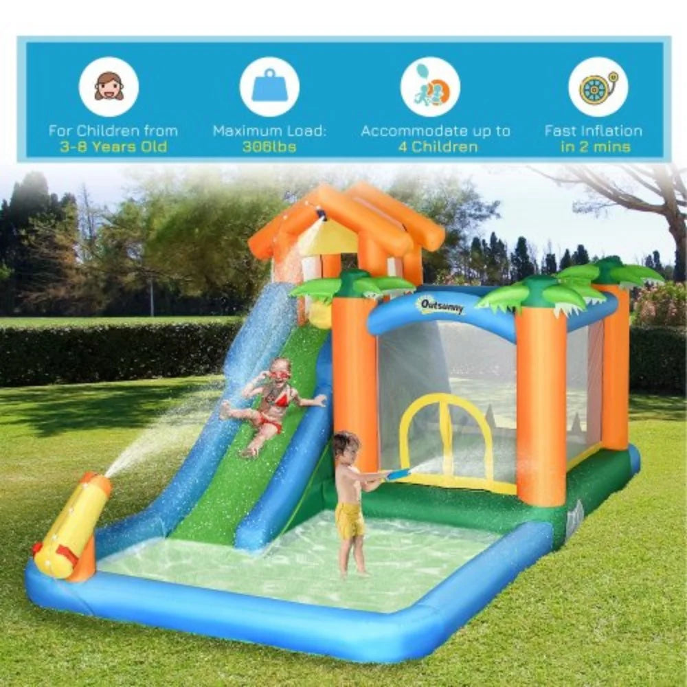 6-in-1 450W Cannon Theme Inflatable Slide Trampoline Repair Outsunny Wall Floating Castle Pool Carry Jumping Slide Tropical Bag, Climbing Patches with Includes Water Air Blower and Ball Summer