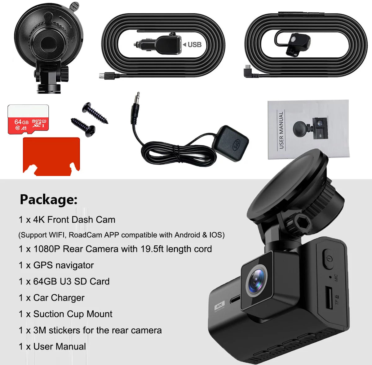 Dual SD Vision, 2 Wide Card, SD Rear Included Loop 64GB Parking Cars, with Cam Inch WIFI, Mode, Night Dash Card 4K Angle, Dash GPS and Dash Cam Camera with Front Recording, for