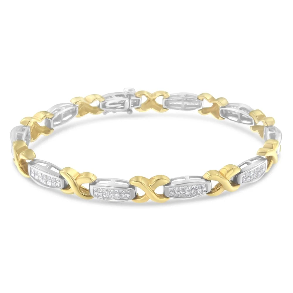 Bracelet Tennis 14K White 2 Yellow Invisible-Set and Gold Carat TDW X-Link Diamond (G-H, SI1-SI2)