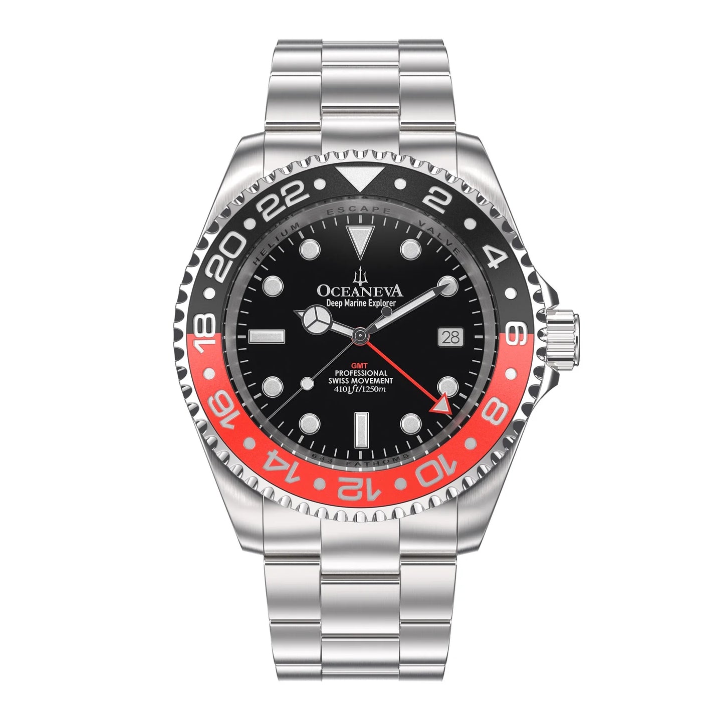 1250M Quartz, Pro Black- Swiss Marine Steel Red Men's Oceaneva™ GMT Explorer Diver Bracelet Movement Deep and Watch Stainless