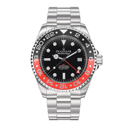 1250M Quartz, Pro Black- Swiss Marine Steel Red Men's Oceaneva™ GMT Explorer Diver Bracelet Movement Deep and Watch Stainless