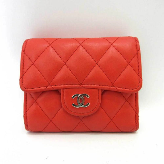 Series Chanel Metal Mini Red Matelasse Silver Lambskin Fittings Small (Good) CHANEL Wallet Women's Pre-Owned Trifold Orange