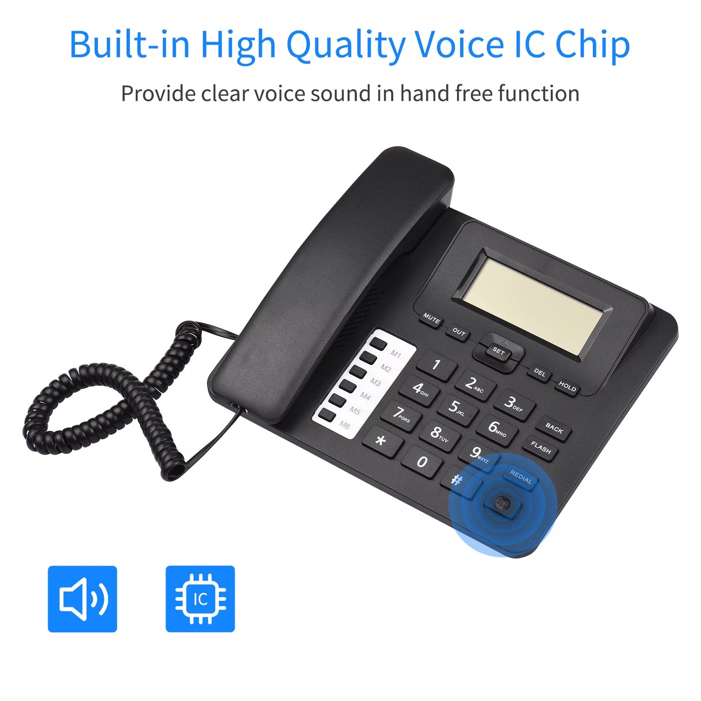 Support Seniors Elderly Sound Black Landline Corded Hands-Free/Redial/Flash/Speed Chip Real-time Control Home for System Phone Dial/Ring IC Dual Date Phone Telephone Desk DTMF/FSK Built-in