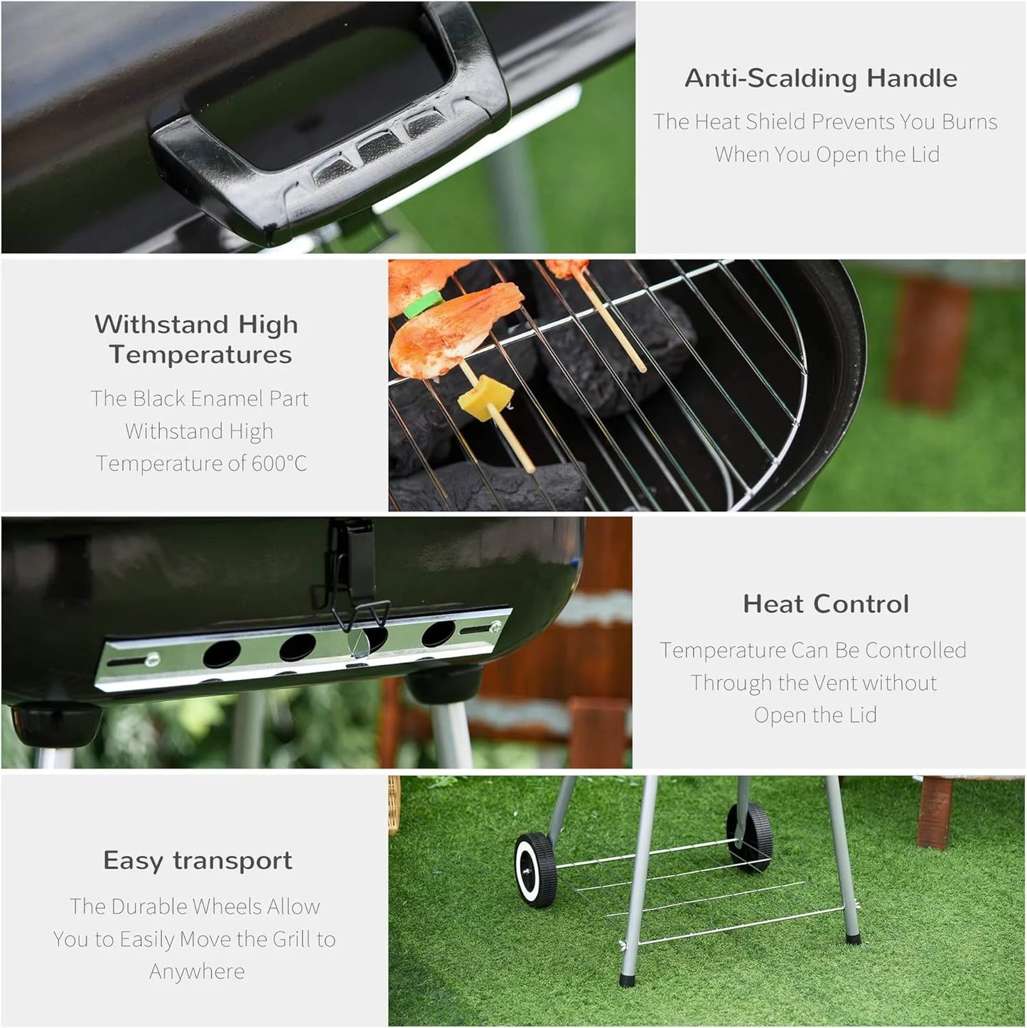 Lid Bottom BBQ Wheels with Shelf, Adjustable Side and on Foldable Charcoal Shelf Black Smoker Picnic Backyard Vents with Portable Grill Camping and for Cooking,