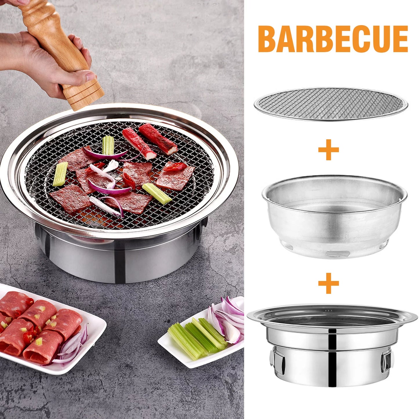 Round for Indoor Portable Picnic Grill Charcoal Grill, Stove Camping Carbon Household Outdoor, Grill and BBQ Grill, Grill Non-stick Smoker Korean Barbecue