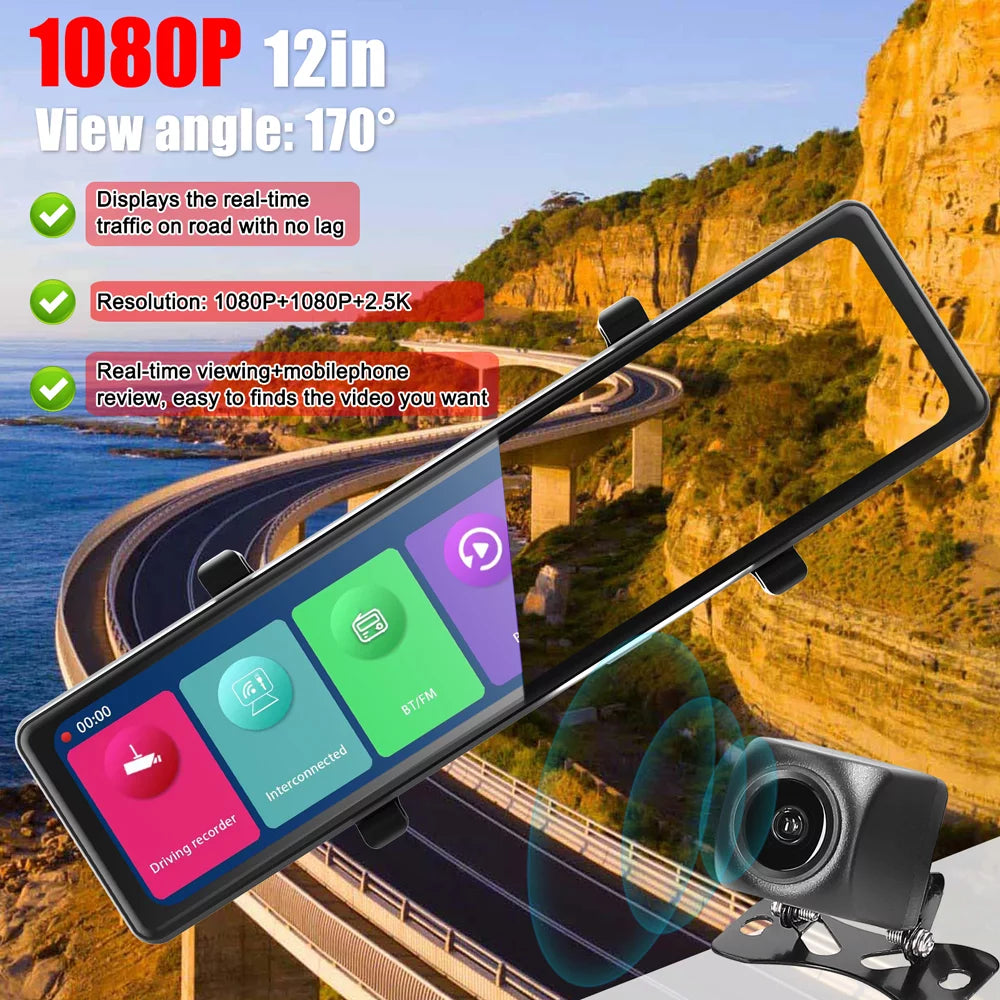 Touchscreen, BT Clear 2.5K Auto Recording - Cam: Moment on Capture - 12in Rearview Driving Dash the Mirror Video 3 Recorder Connectivity, Road Every Cameras,