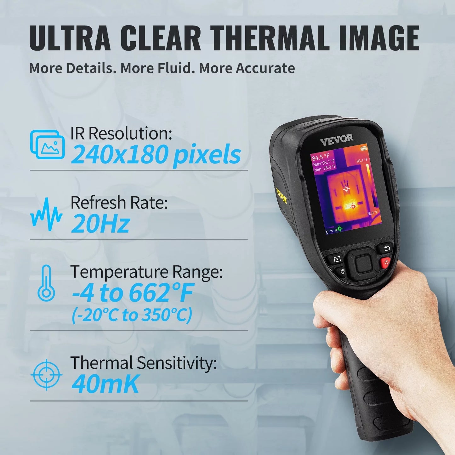 Refresh 20Hz VEVOR SD 16G Temperature Rate Imaging Pixels), -4℉~662℉ (43200 Thermal and Battery Li-ion Camera 240x180 Resolution Camera, Built-in Rechargeable IR with Infrared Range, Card,