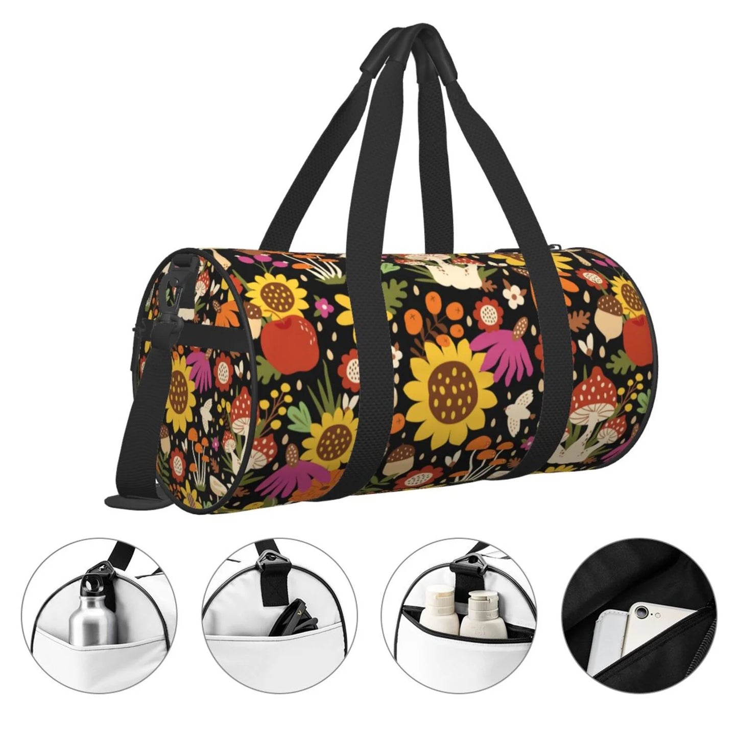 Coaee Compartment Capacity Large Gym Waterproof Bag Travel and Bag Bag Pocket Sports Sunflowers Luggage Cylinder Mushrooms with