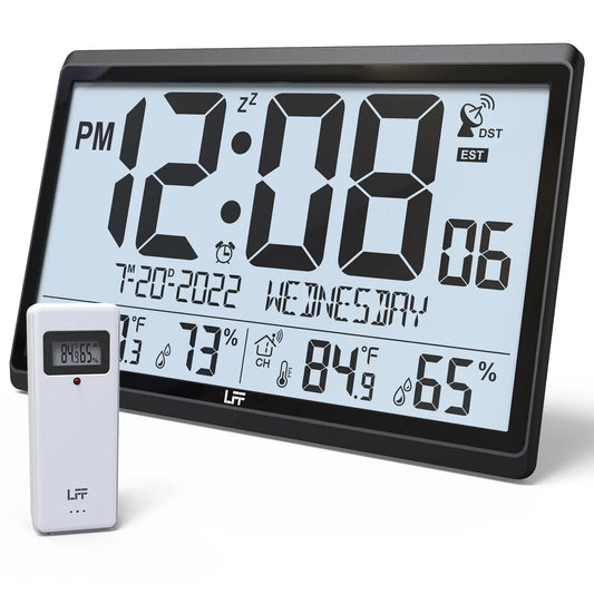 Atomic & Wall Indoor - with Humidity, 4.5" Numbers Needs 15" Operated, Digital with Outdoor Setting, LFF Temperature Never Clock Clock Black Easy-to-Read, Atomic Wall Clock Battery