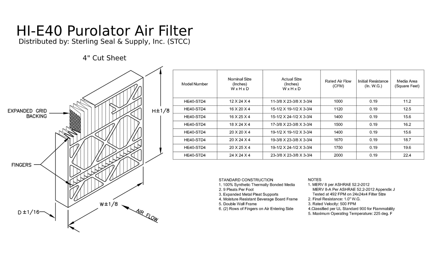 Air Mechanical 40 16x20x4, MERV (3 Surface Pack) Pleated Extended Purolator Hi-E 8, Filter,