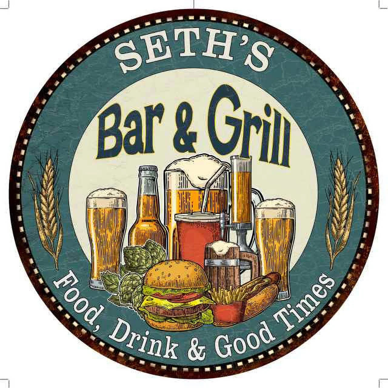 Metal and Wall Kitchen 200120023112 Round Decor Sign SETH'S Grill Bar 12"