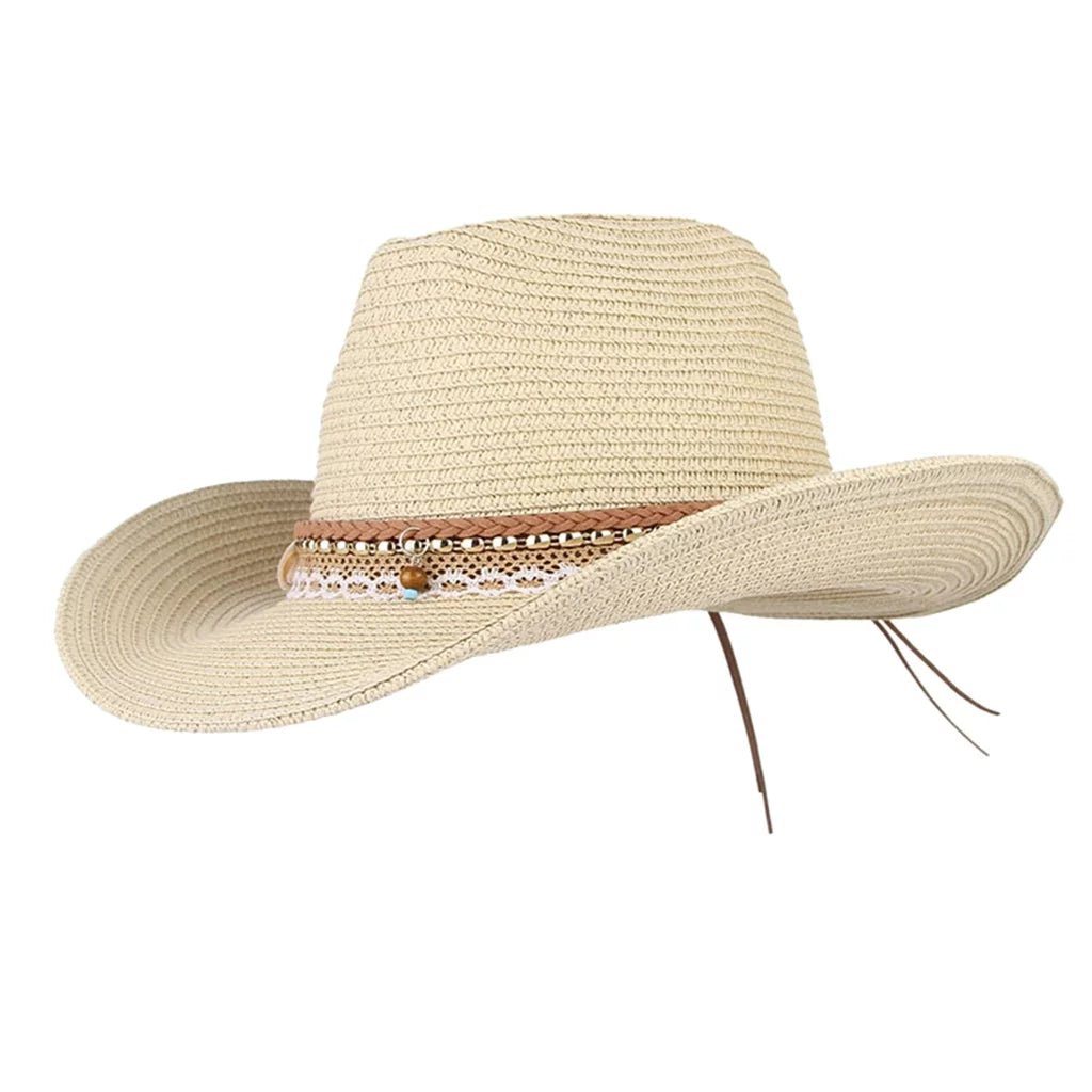 Straw Packable Big Western Hat Style Beige Women Sun Brim Trilby Cowboy Floppy