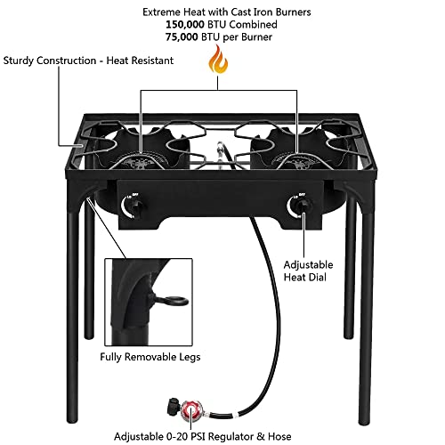 Backyard Gas BTU Outvita Legs, and Knobs Removable Temperature Control Frying Cooker Camping for Burner BBQ, Stove Cooking, 150,000 Cooking, Outdoor Baking Propane for with 2