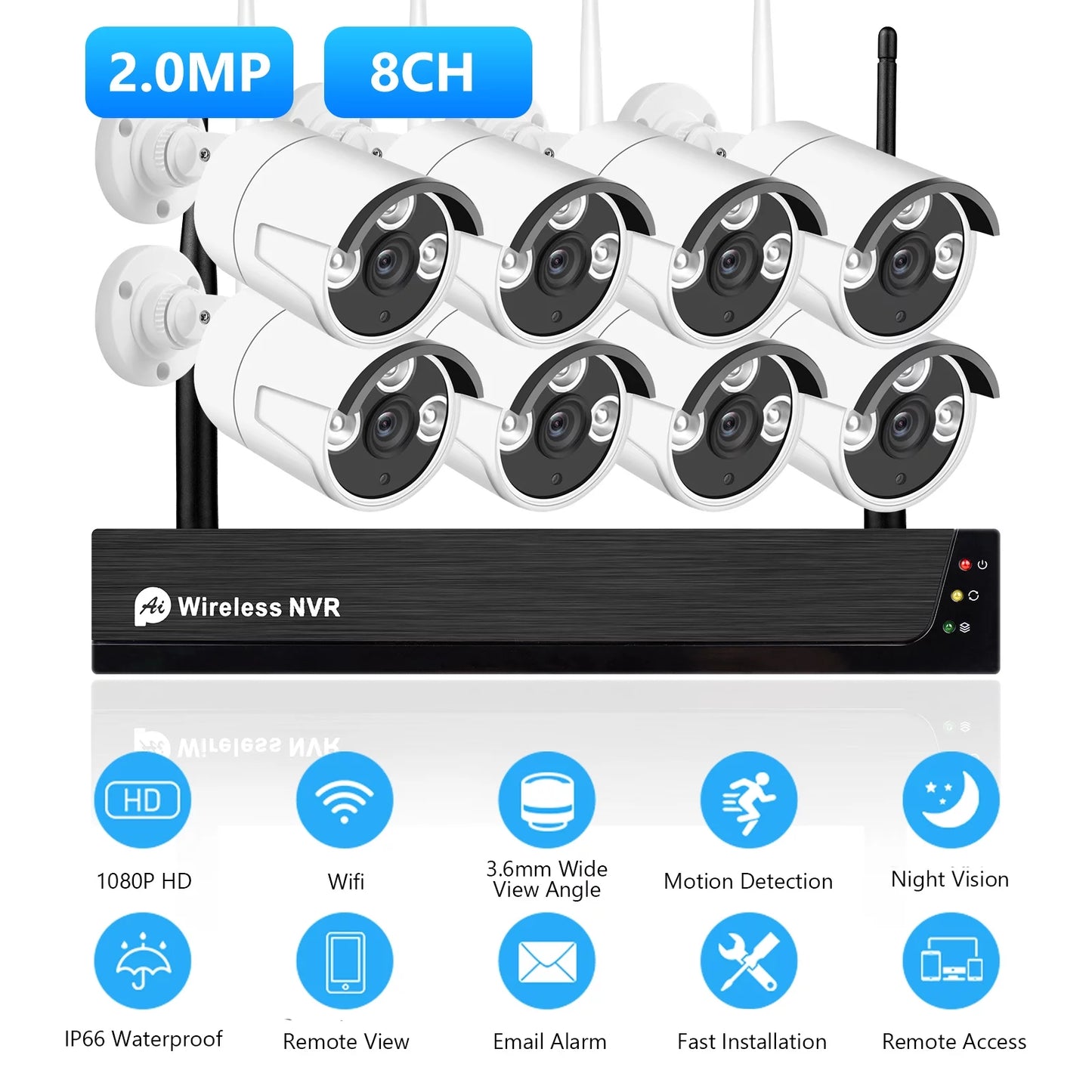 Cameras 2.0MP 8Channel Alert, 1080P Remote Motion App Wireless with Outdoor Smart CCTV No Camera Tuya 8CH Vision, Night 1080P 8PCS 1080P Access, System, Drive + IP Hard Indoor NVR